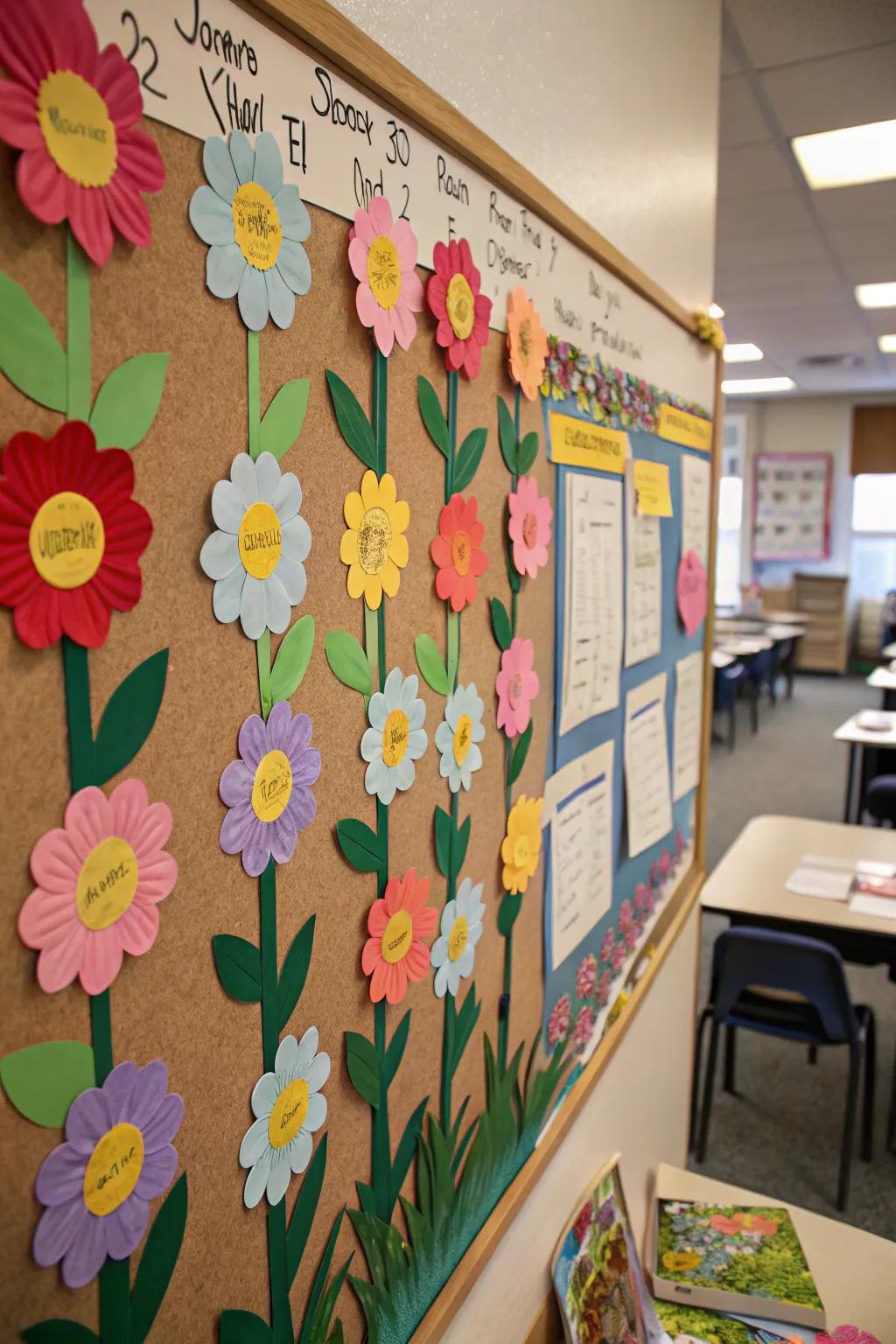 An Amity Garden notice board featuring paper blossoms.
