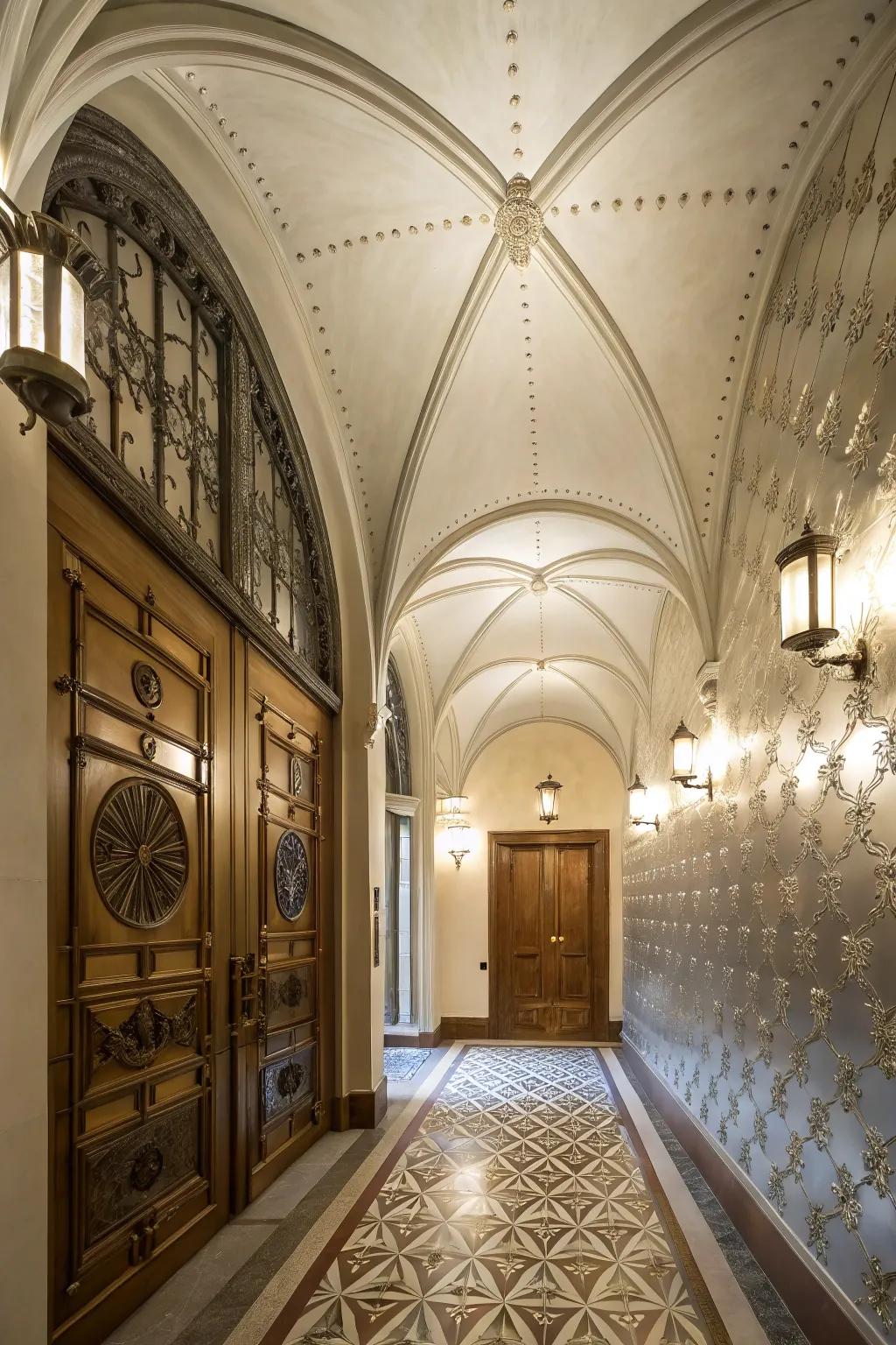 Entryway with vaulted ceiling and metallic feature wall