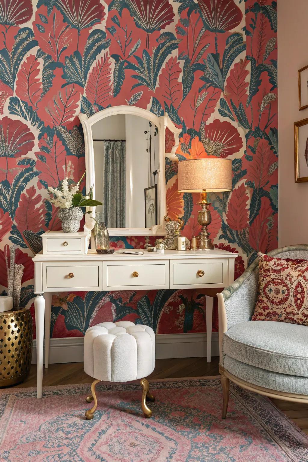 Bold wallpaper backdrops elevate the elegance of vintage vanities.