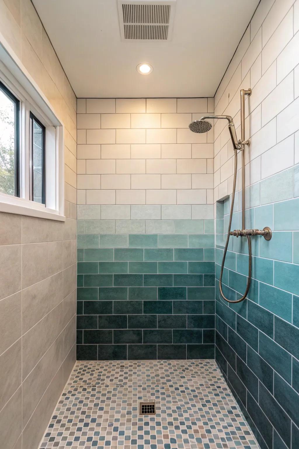Shower enclosure with ombre pavers and a bare bones layout.