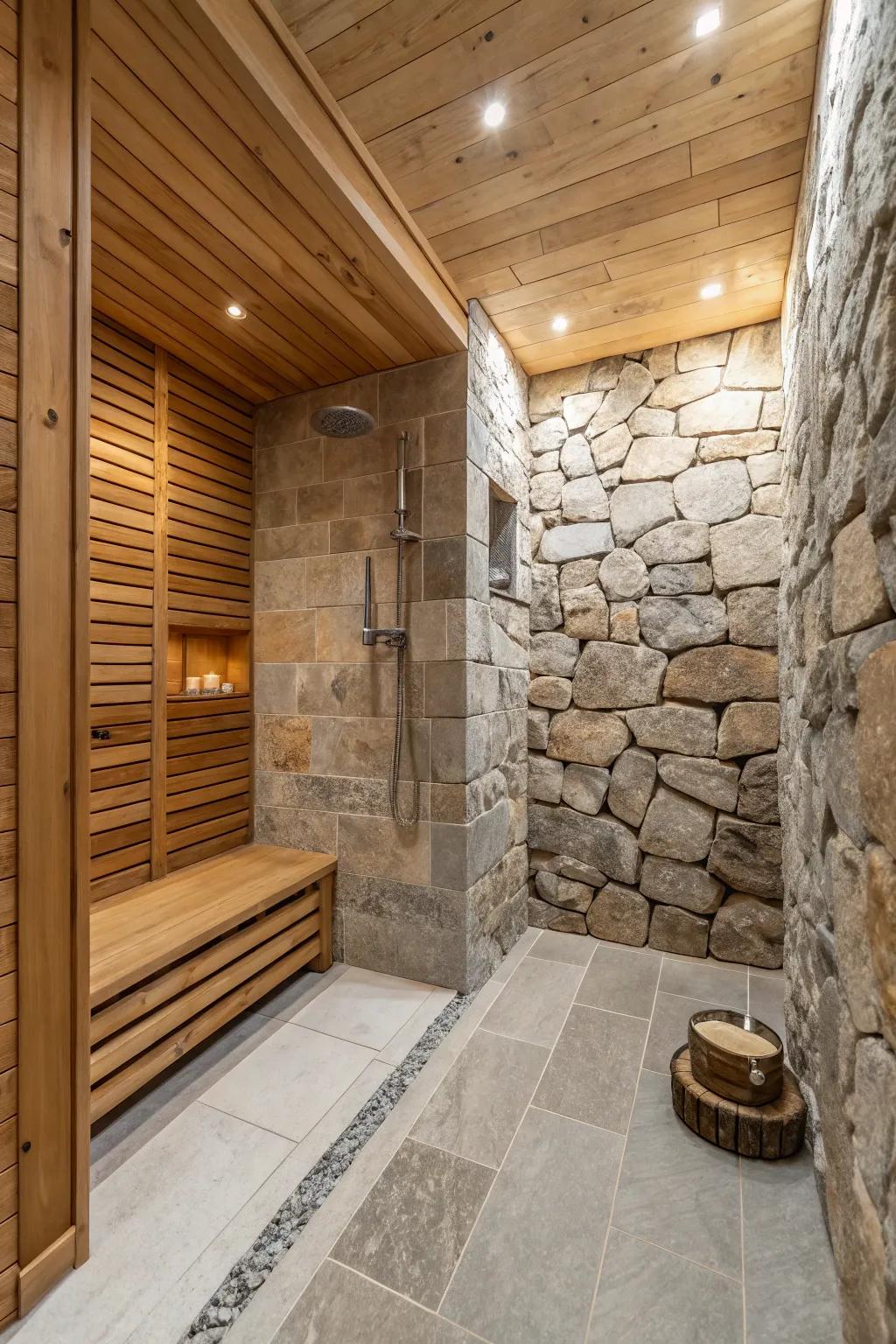 Natural elements create a spa-like environment.
