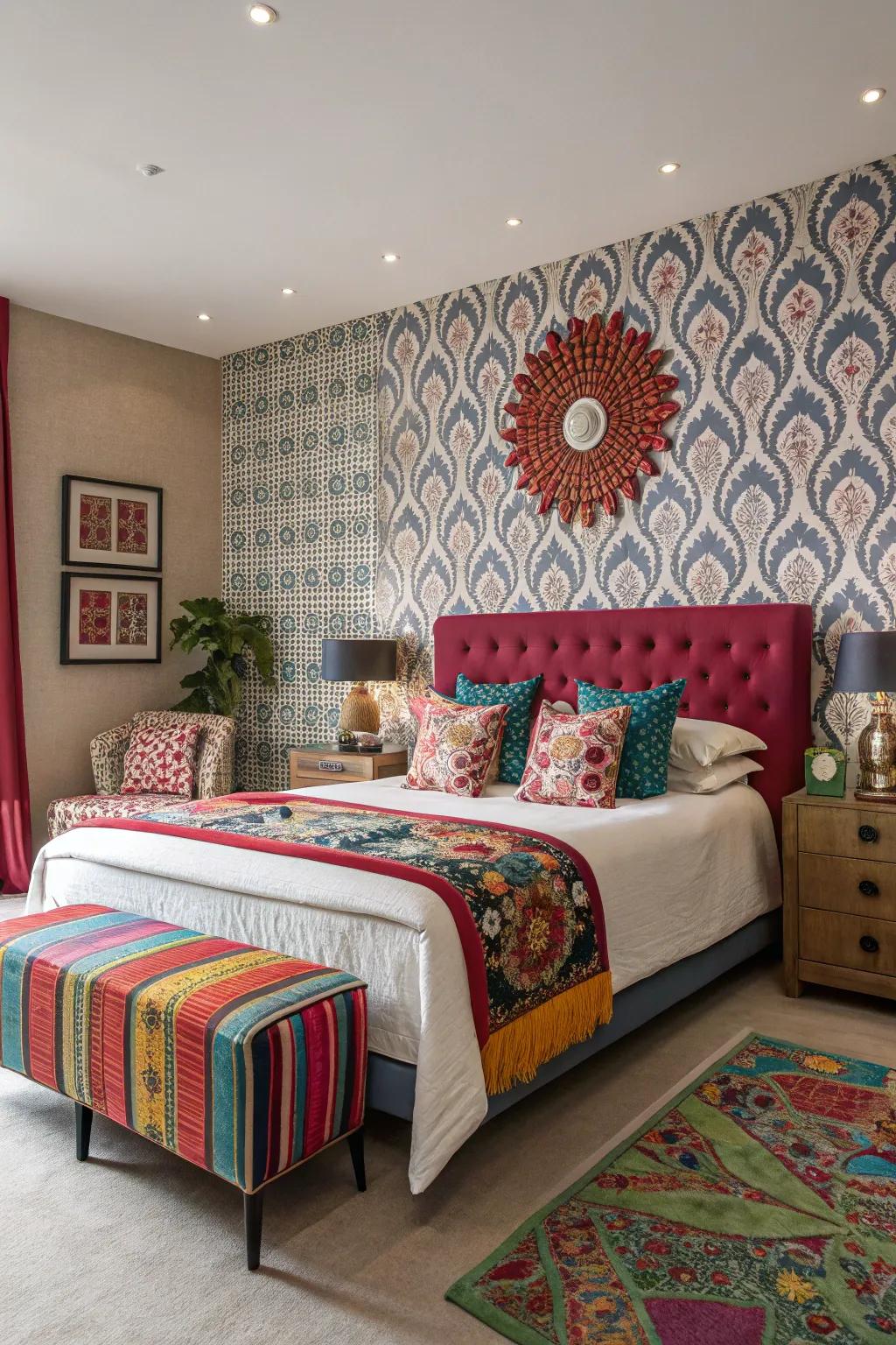 Patterned wall coverings create a daring statement.