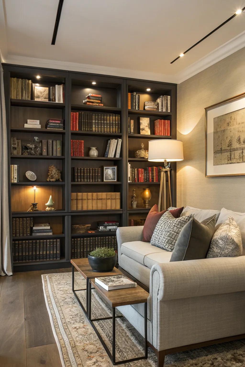 Book storage units introduce vibrancy and distinction to a living area through curated presentations.