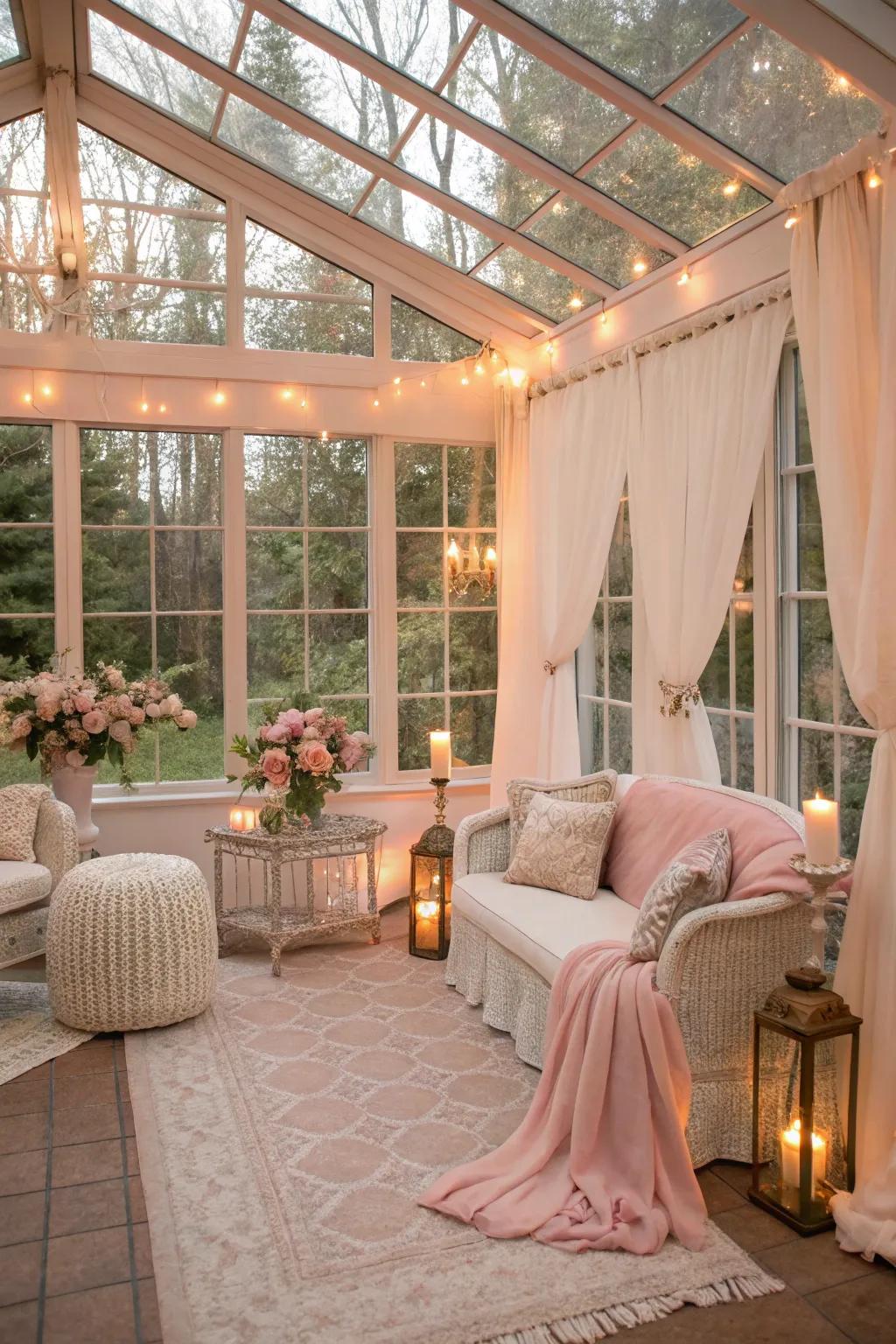 Sunroom with warm rose walls, providing a soft and glowing atmosphere.