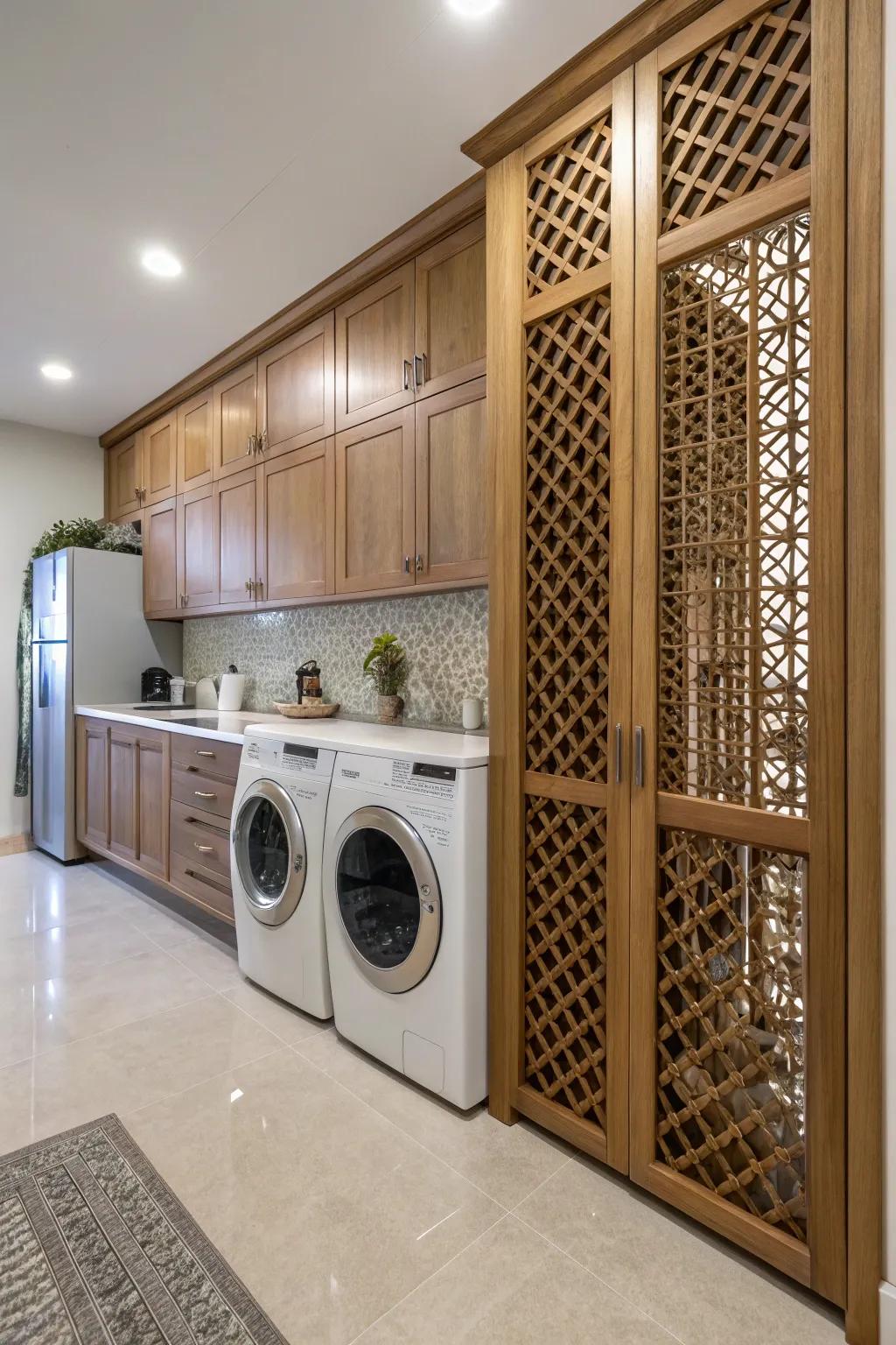 Lattice doors cleverly conceal the laundry pair in the kitchen.