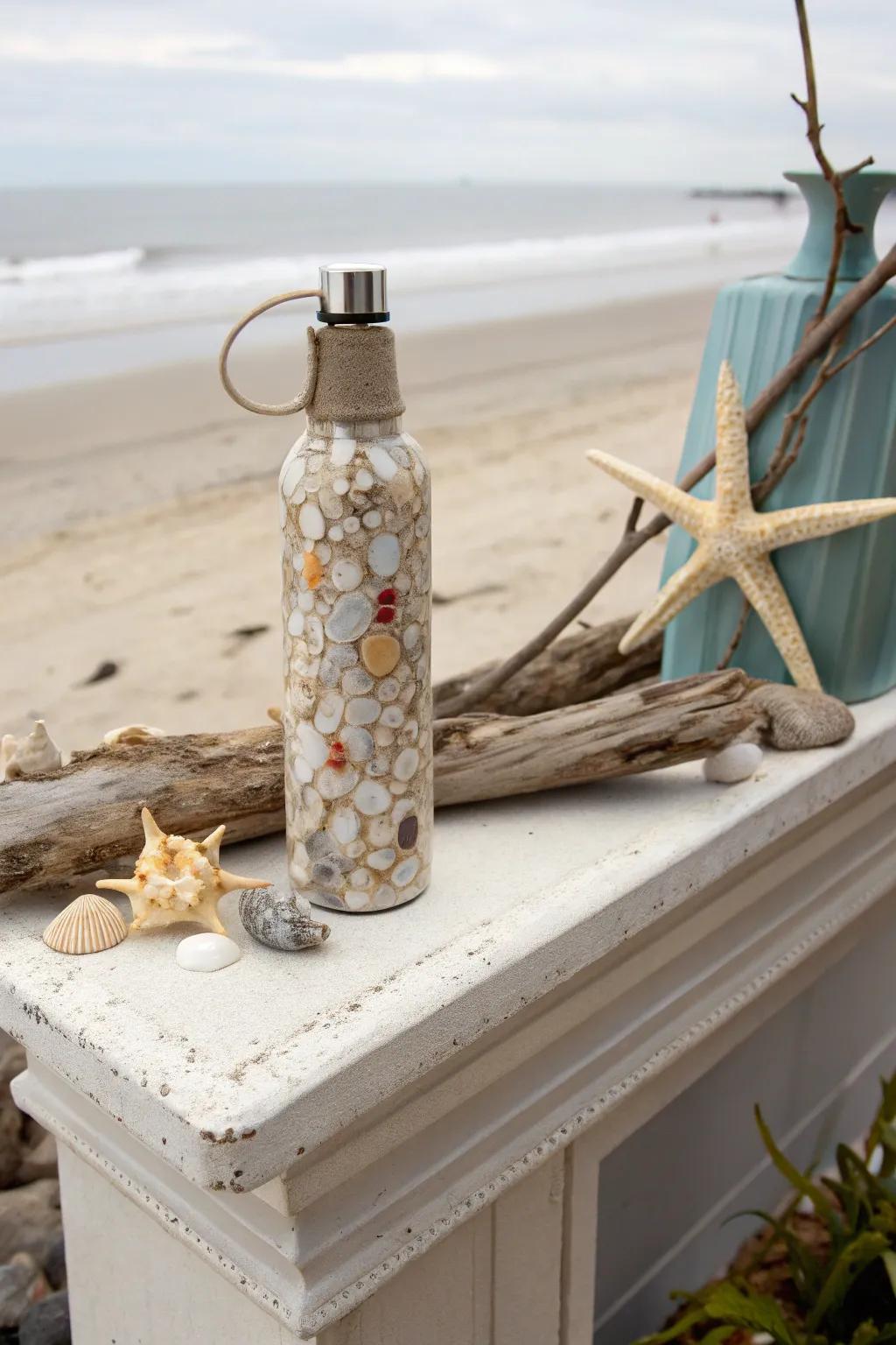 A beverage container embellished via seashells for a coastal vibe.