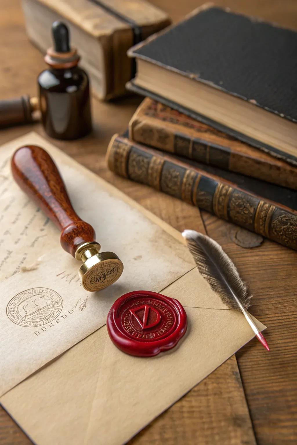 A signature wax seal, ideal for adding an individualized and unique accent to your creations.