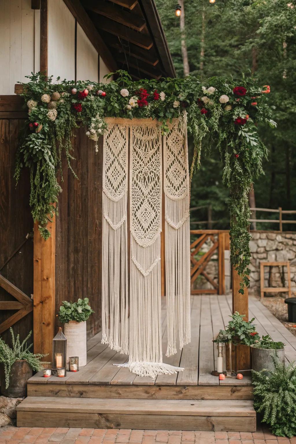 Bohemian chic with a macrame backdrop.
