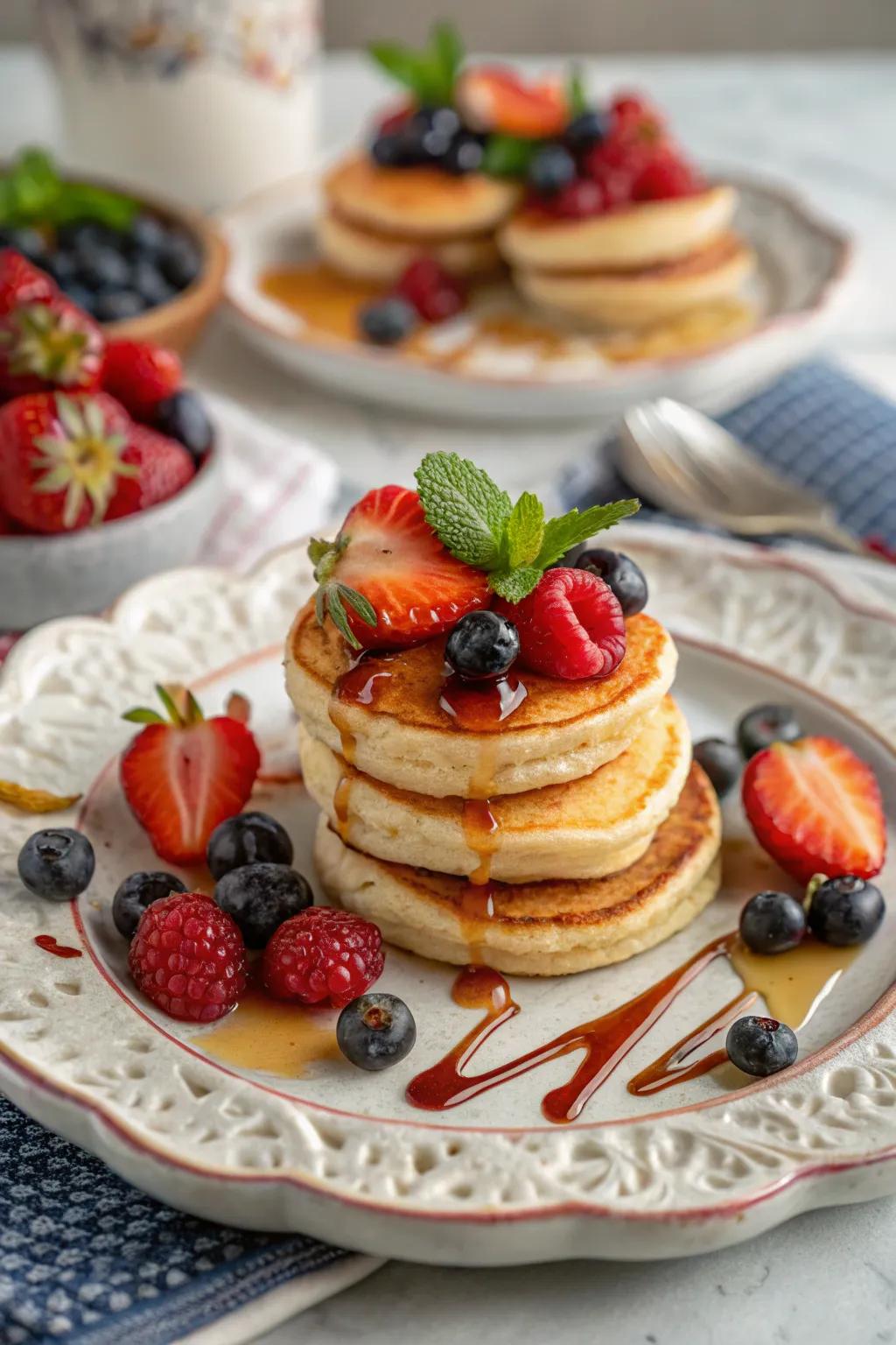 A tempting platter of mini hotcakes garnished using fresh berries and syrup.