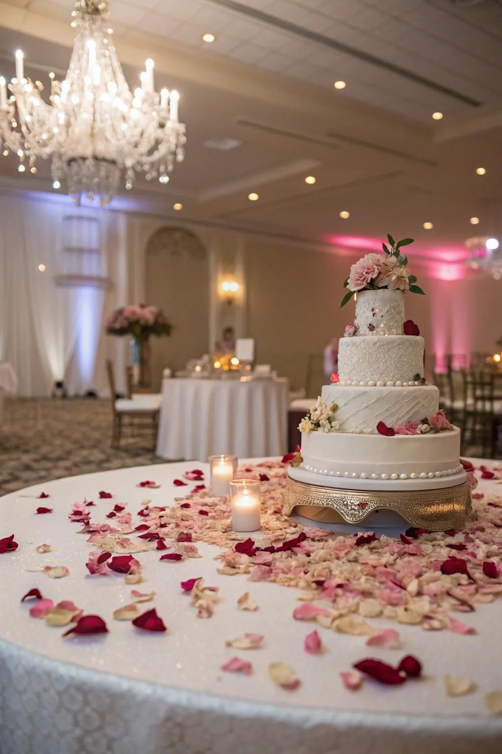 Blossom petals crafting a romantic aura surrounding the wedding cake display.