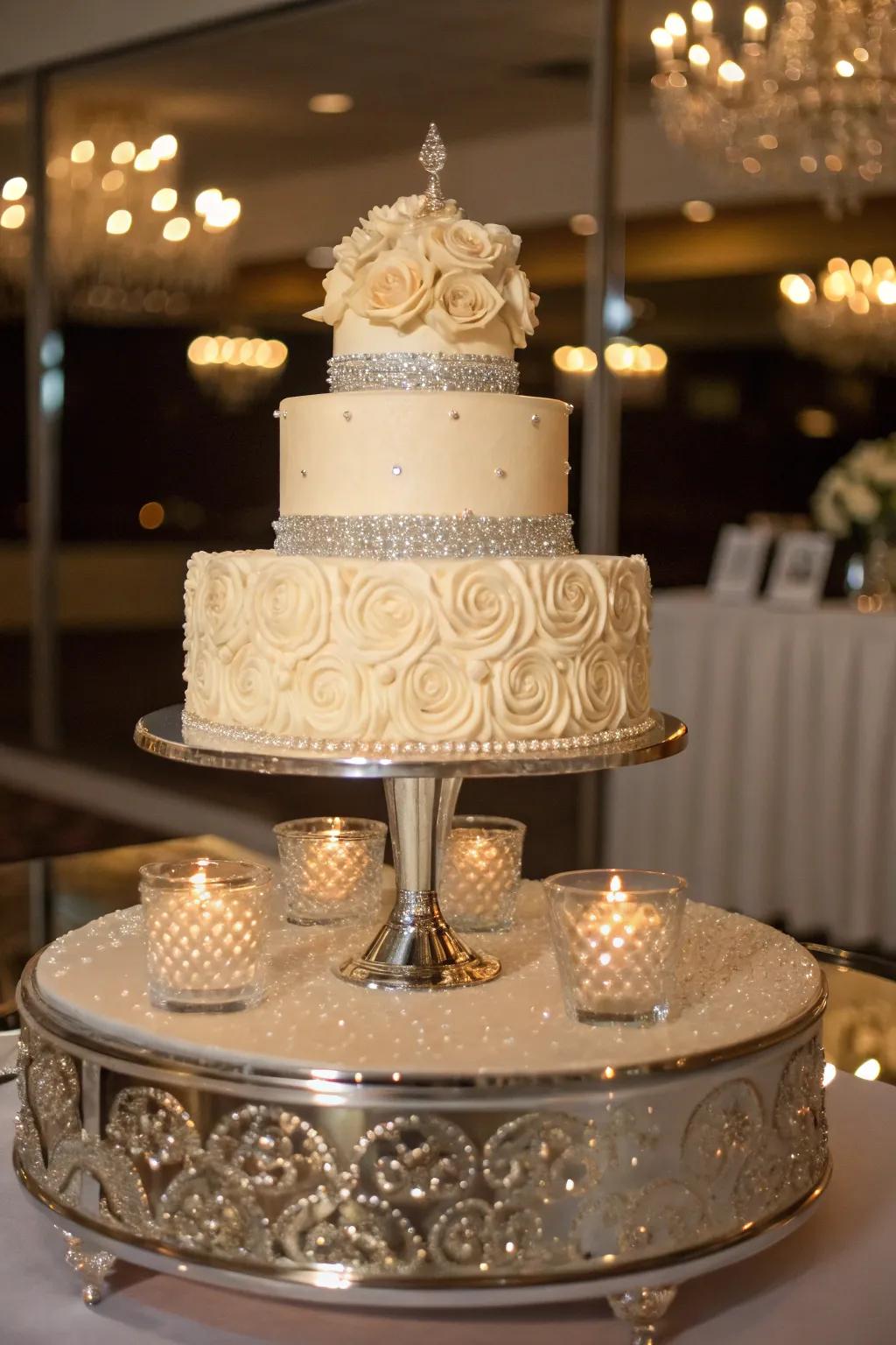 Mirrors add reflection and light to the cake table.