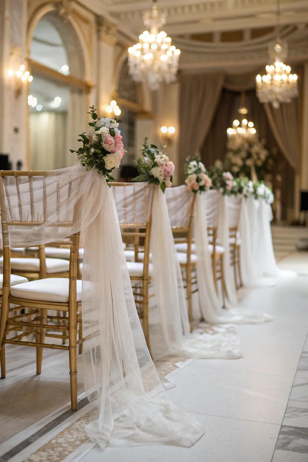 Diaphanous overlays furnish understated grace to bridal decor.