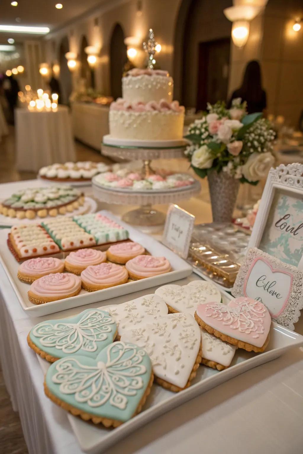A themed pastry station display synchronizes with the marital celebration’s overarching aesthetic.