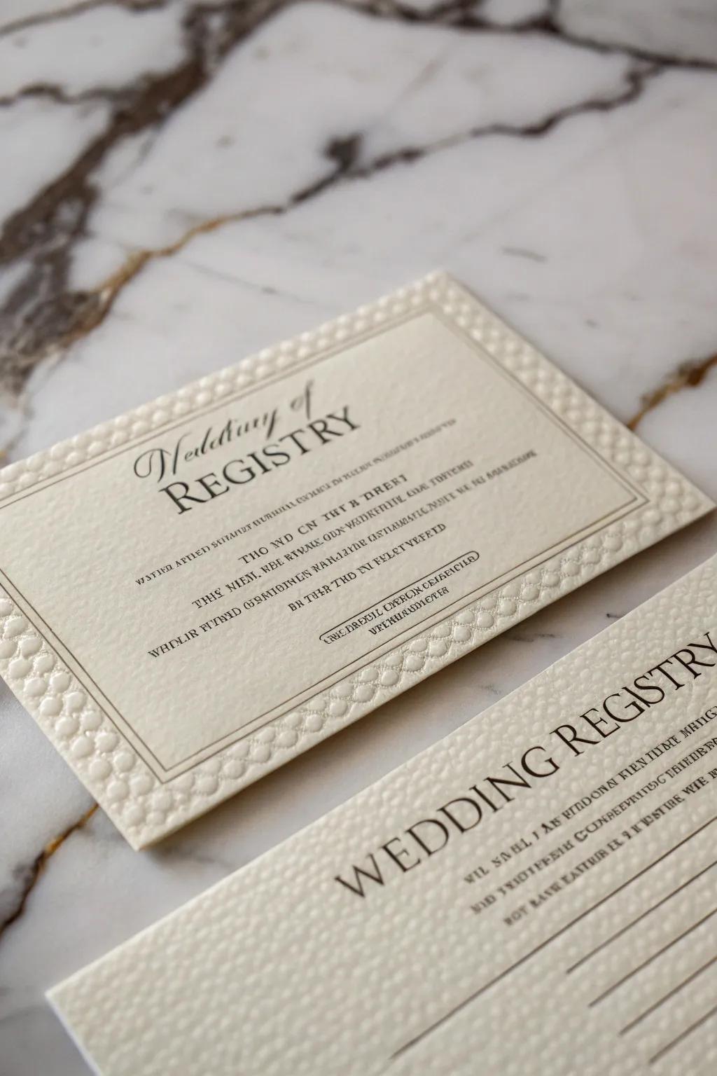 A registry card with special paper that adds to its elegance.