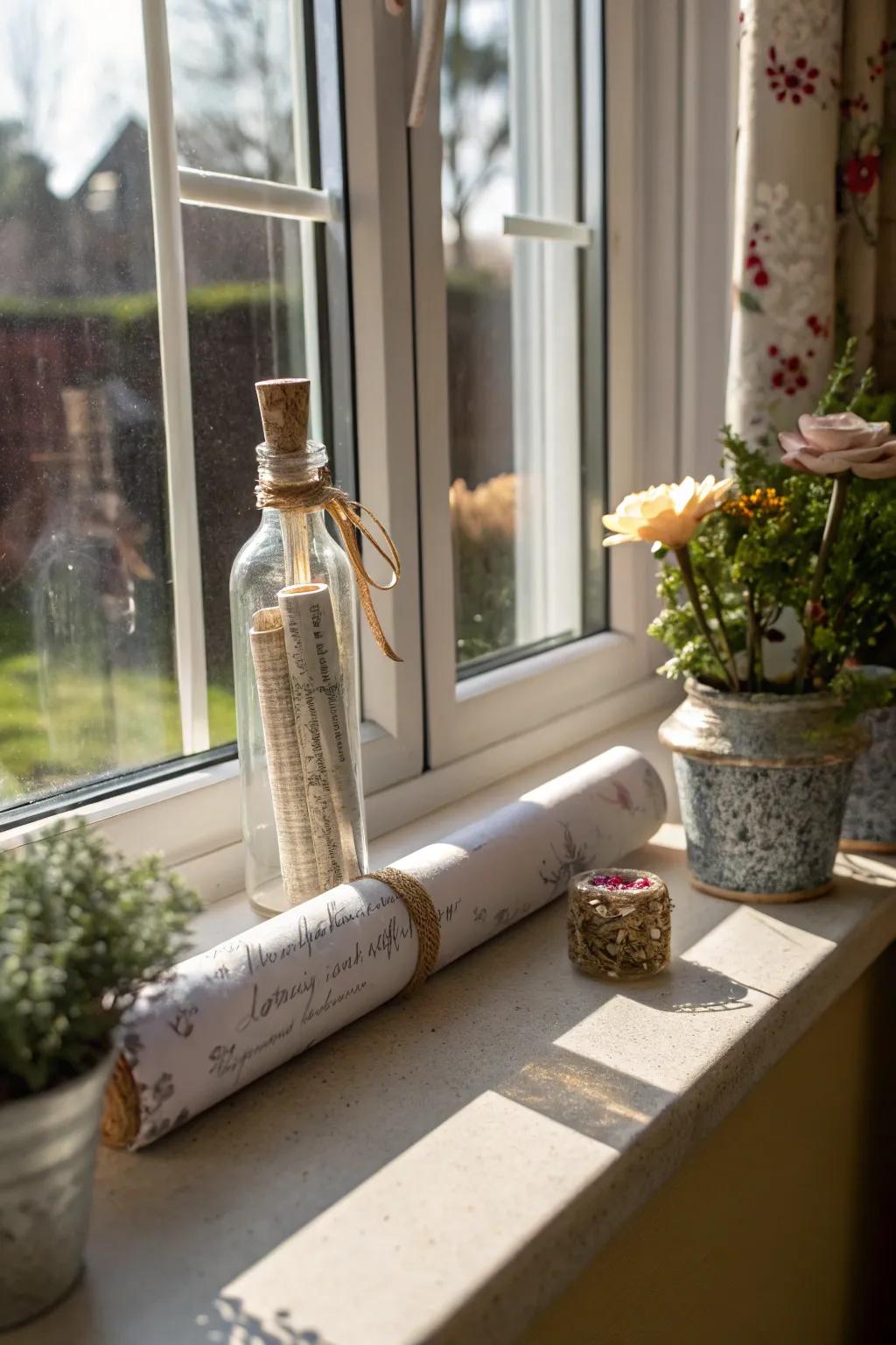 Whimsical vows in a vial catching sun rays on a windowsill.