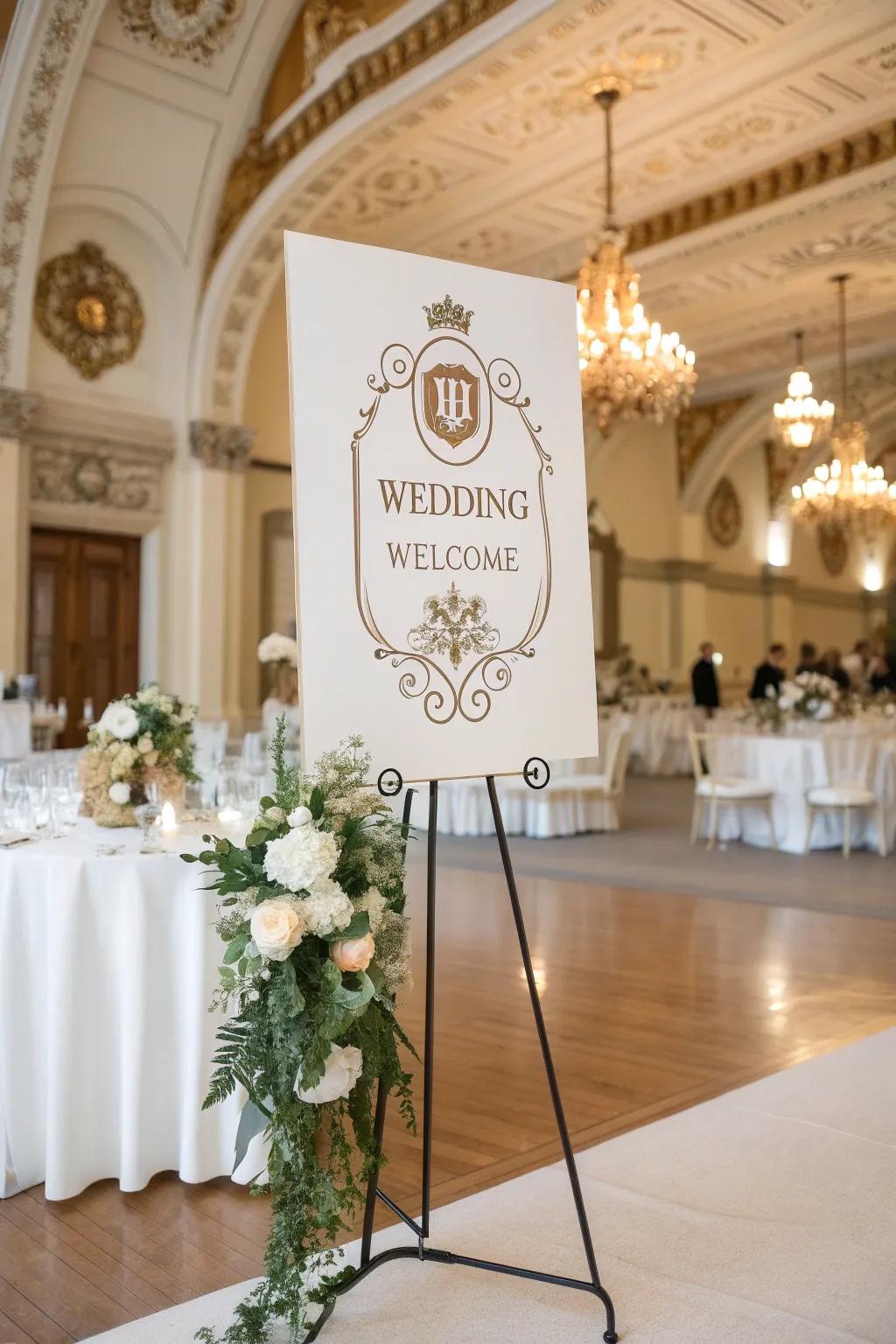 A personal welcome board featuring a custom crest, adding a royal touch to an elegant wedding.