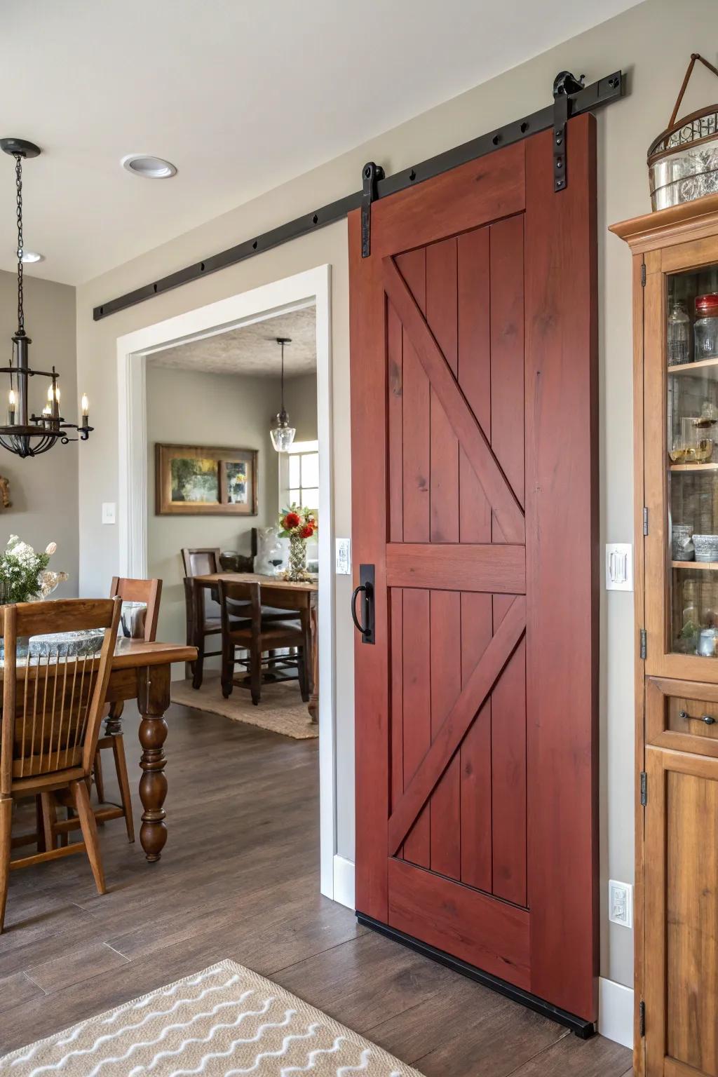 Country crimson doors infuse a rustic farmhouse character.