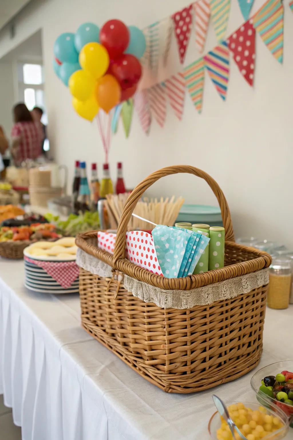 A party-themed basket is an efficient way to keep items accessible and organized during gatherings.