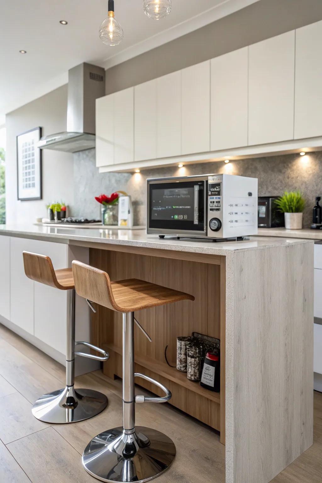 A breakfast counter wave cooker provides easy access and a hint of the unexpected.