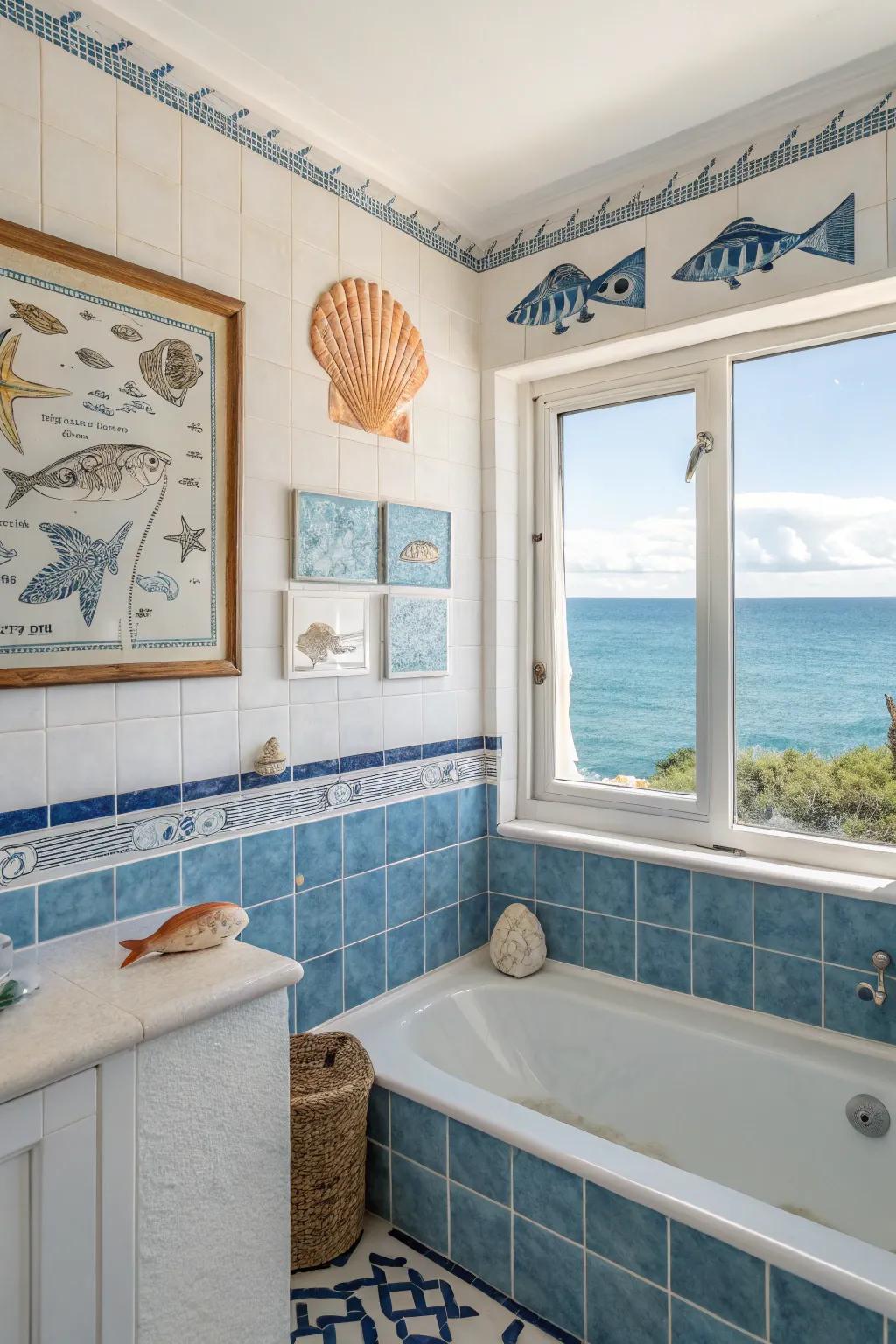 Coastal art reinforces the style.