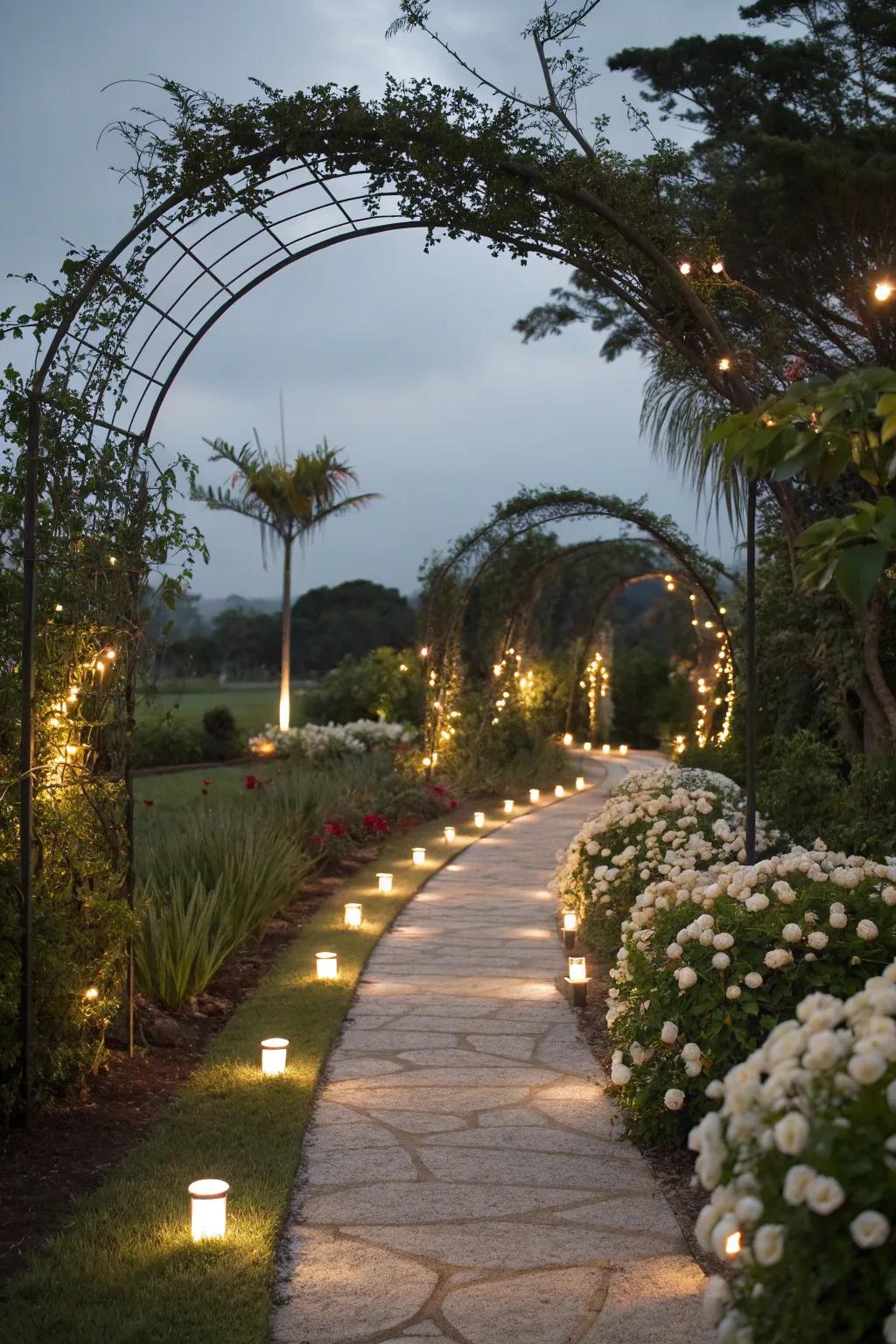 Pale garden lighting accentuates features and sets a captivating nighttime atmosphere.