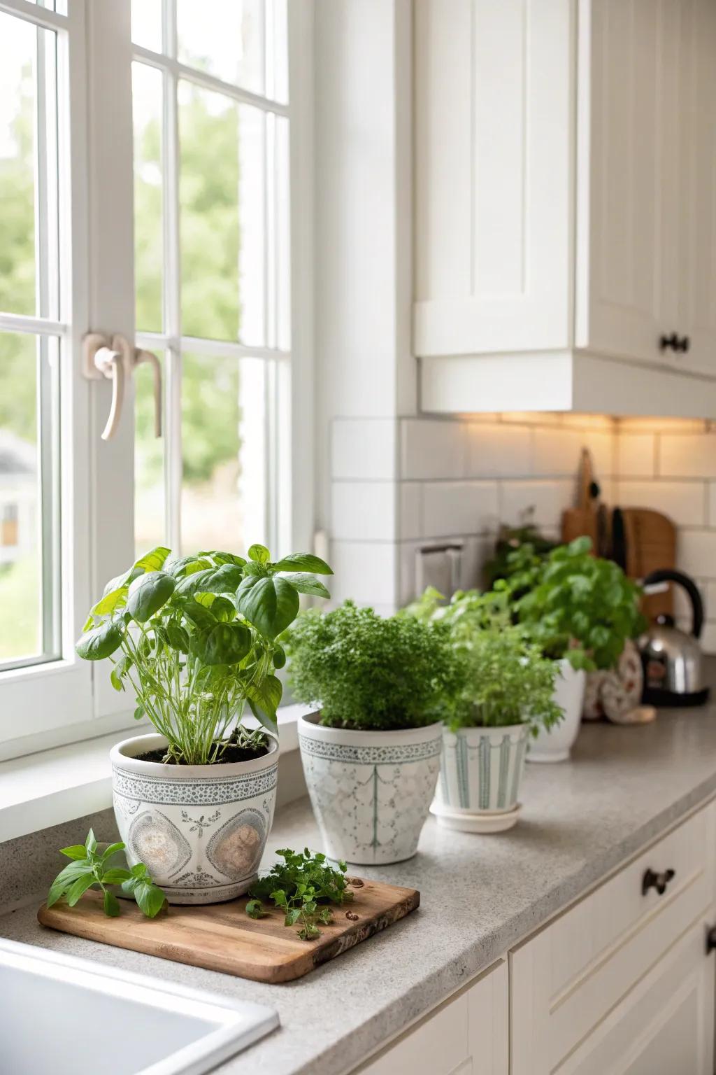 Greenery incorporates a fresh and vibrant element to the cooking area.