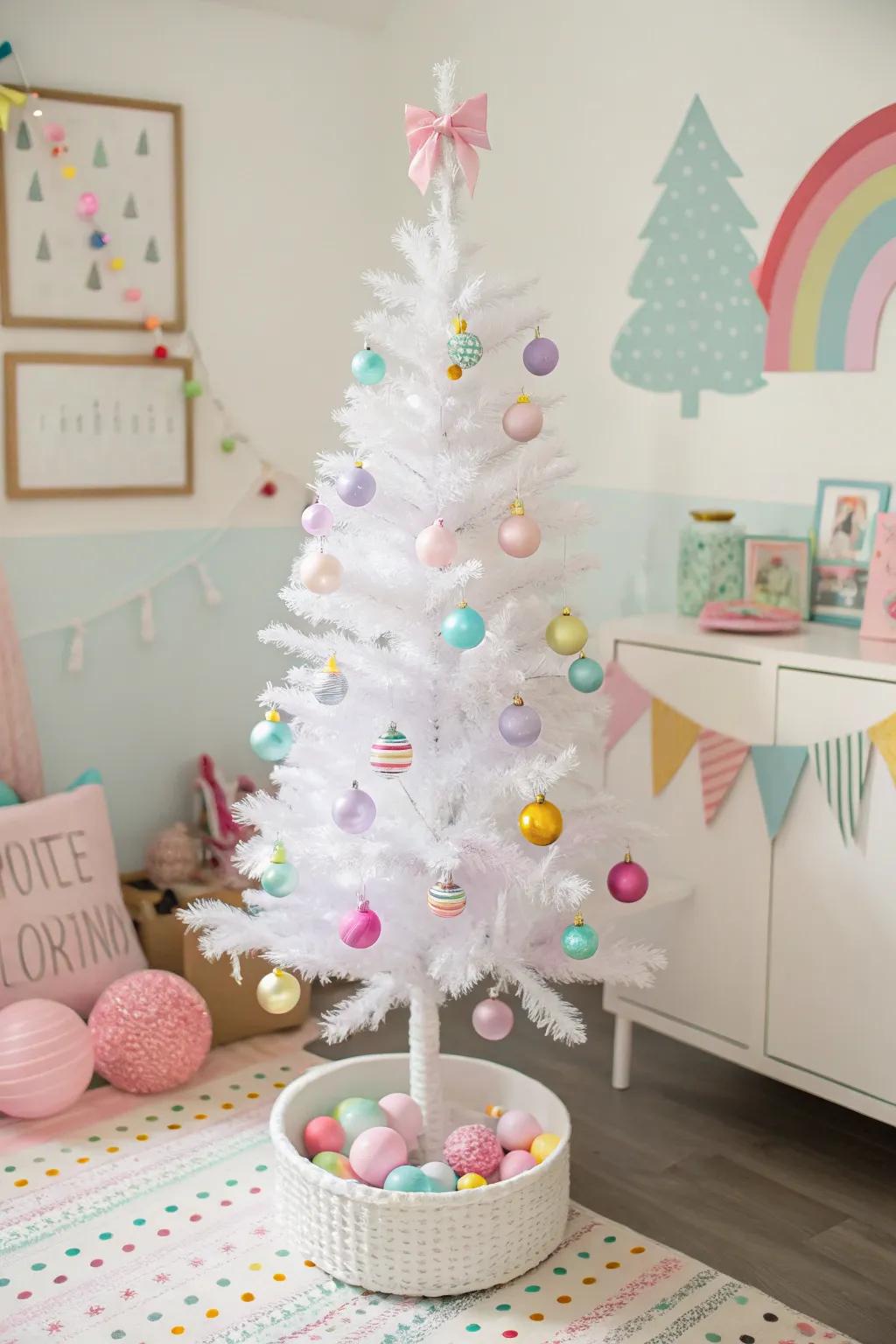 A playful pastel-themed white pencil tree using soft, gentle colors.
