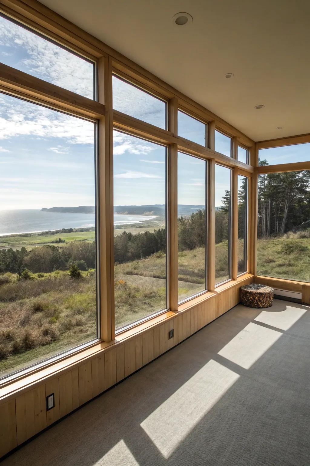 Wrap-around corner windows showcase expansive outdoor scenes.