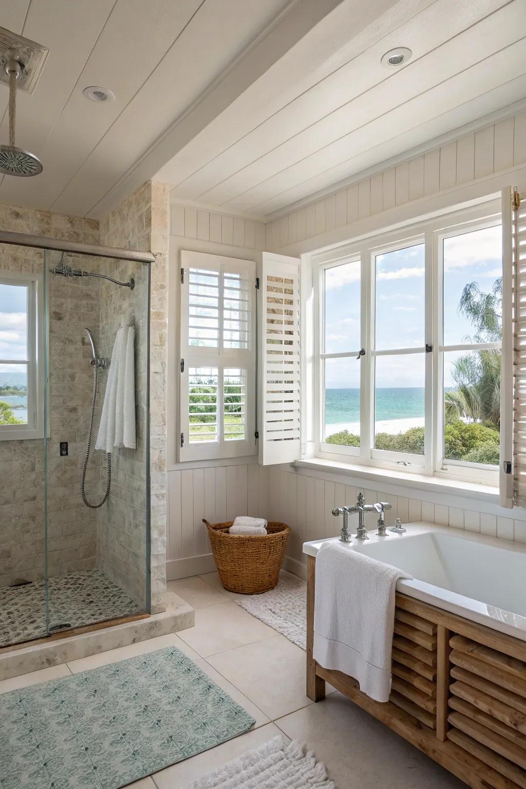 Louvered panels yield a coastal vibe while empowering personalized ambient control inside the shower.