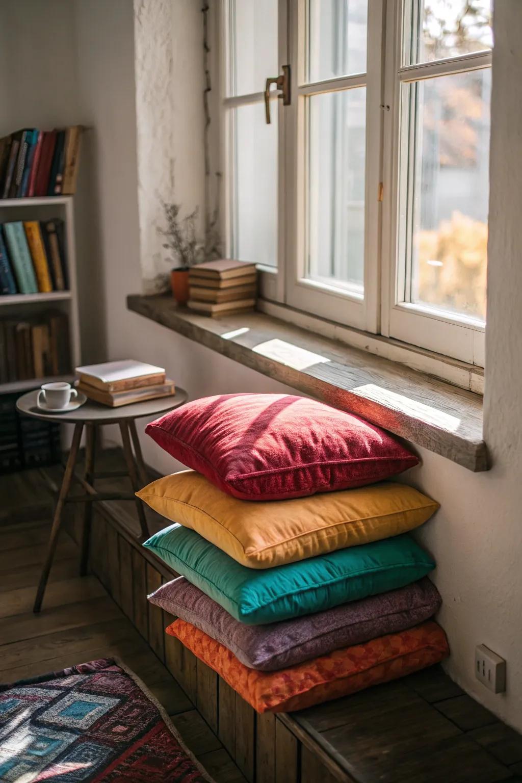 A window nook uses floor pillows to provide versatile seating.