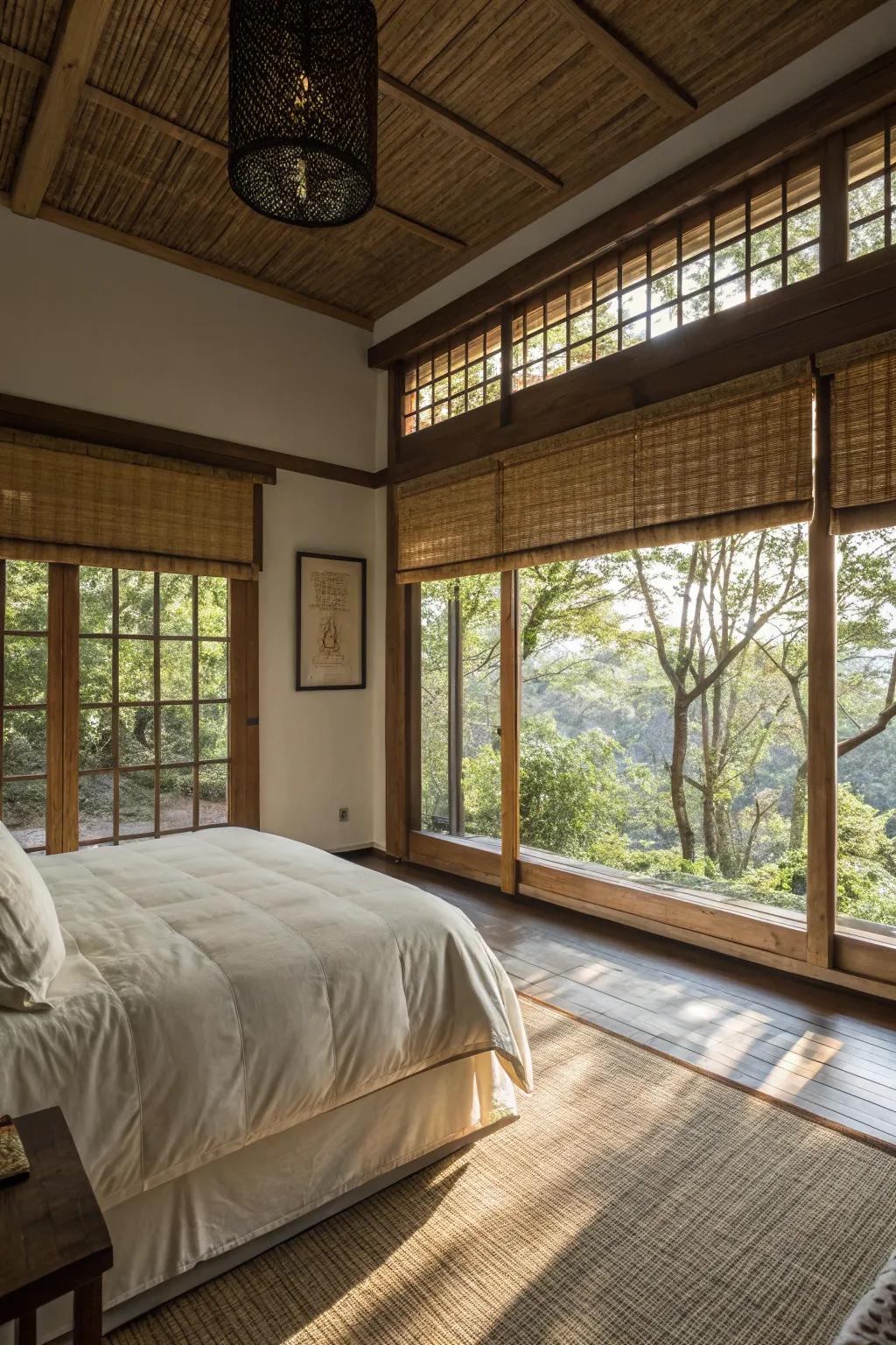 Bamboo window coverings give casement windows an organic touch.