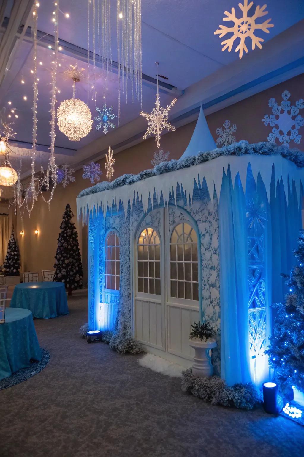 A whimsical Frigid Reverie aesthetic featuring frosted azure ornamentation and snowfall motifs.