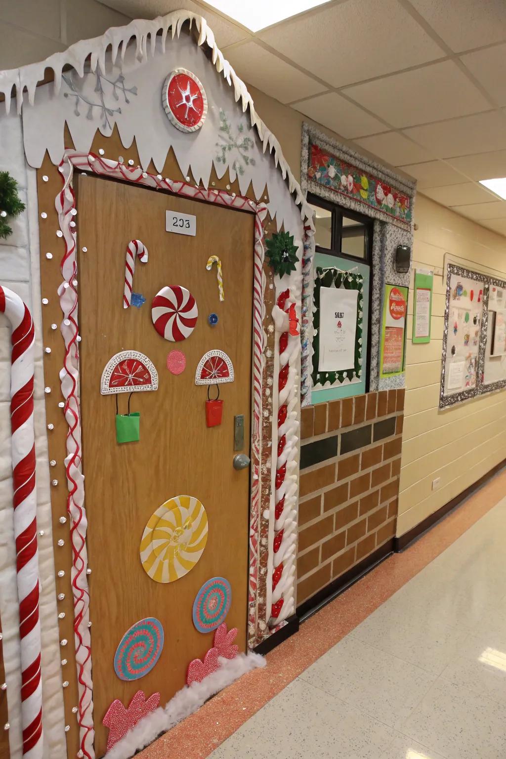 A gingerbread abode imparts saccharine charm to this winter doorway