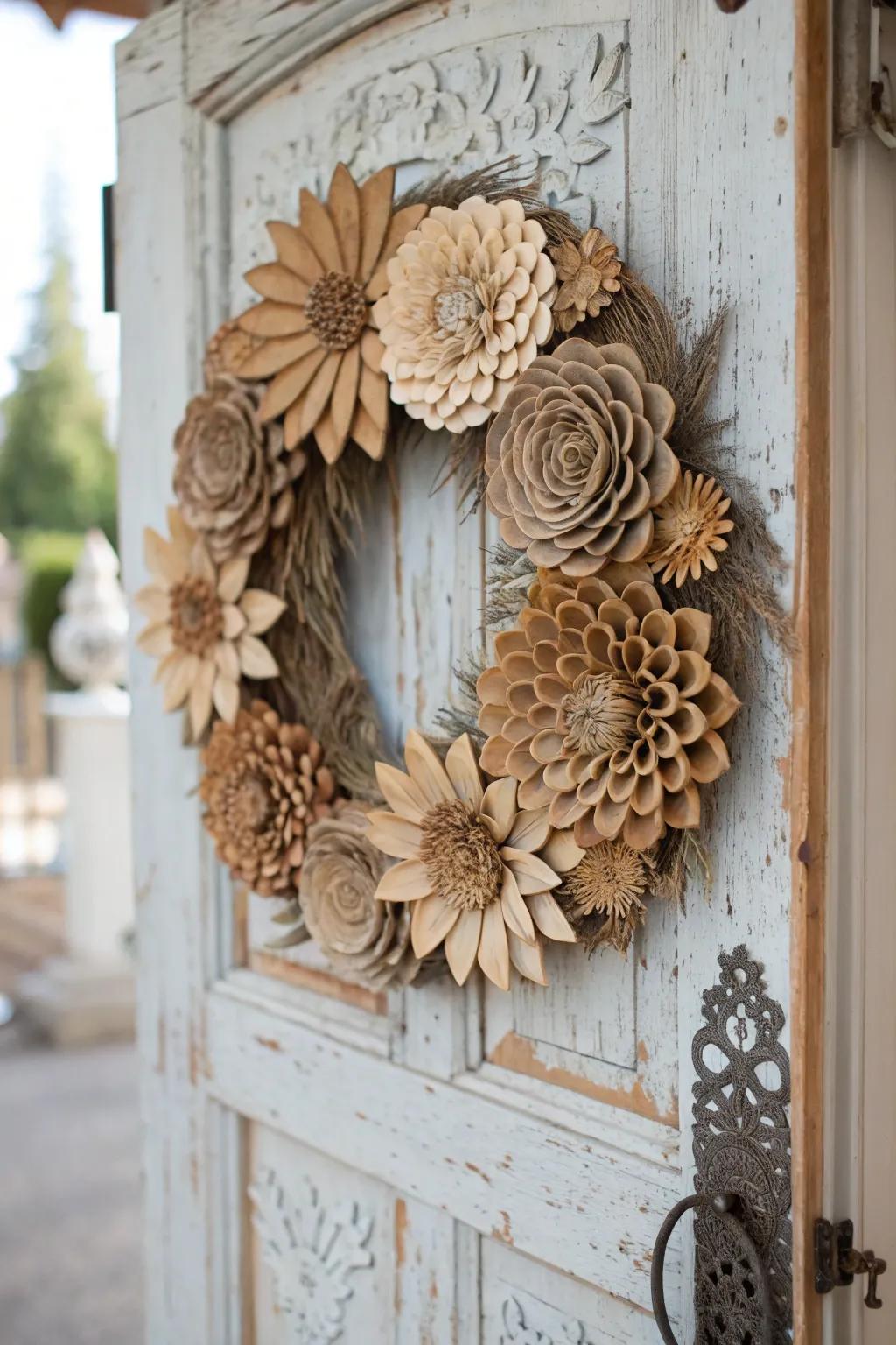 Blossoms crafted from wood provide a sustainable and exquisite wreath option.