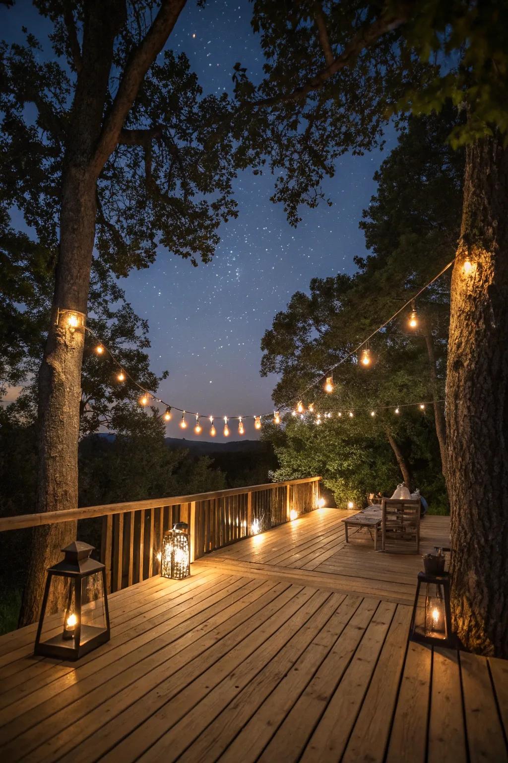 Ambient lighting adds a magical touch to evening deck gatherings.