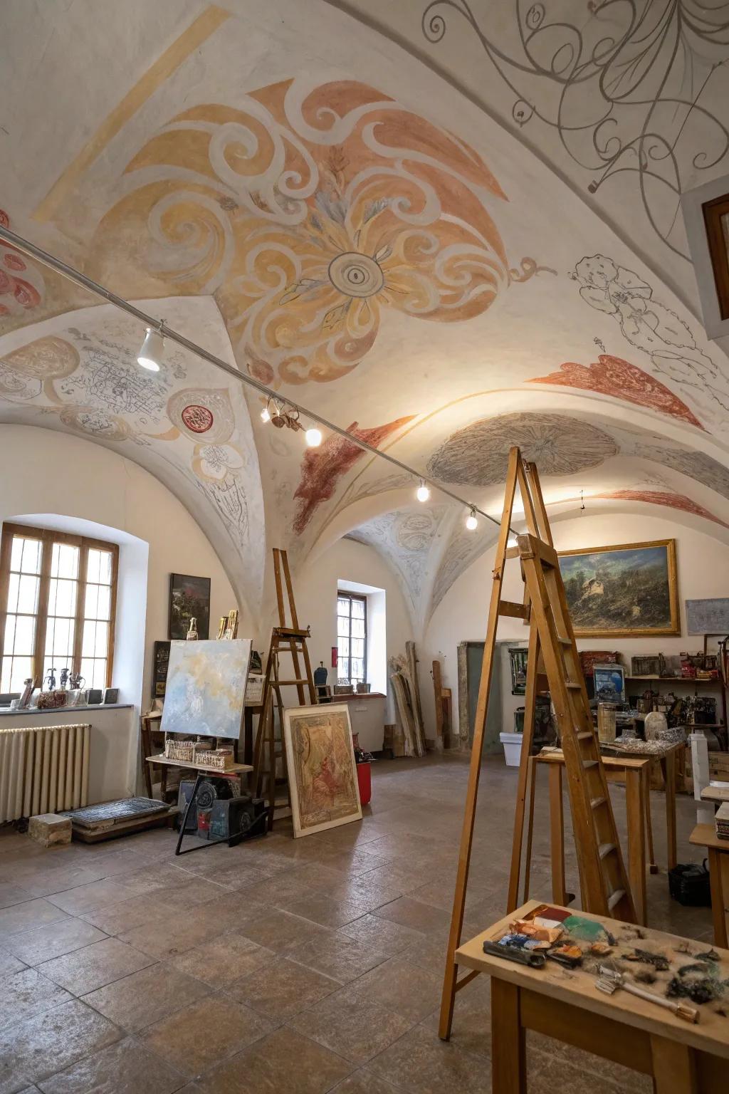 Artistic ceilings elevate the room.