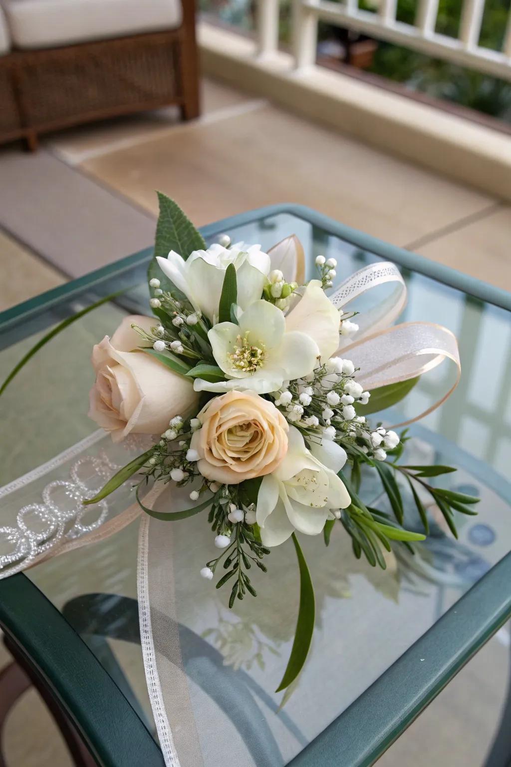 Everlasting wrist adornment featuring stunning artificial blossoms.