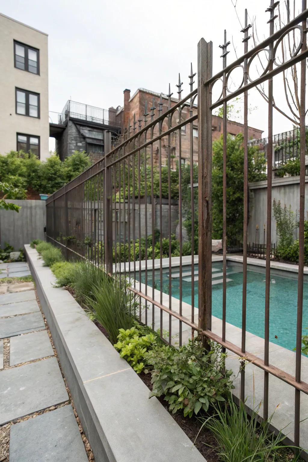 An industrial-styled fashioned iron barricade contributes a modern advantage to the pool.