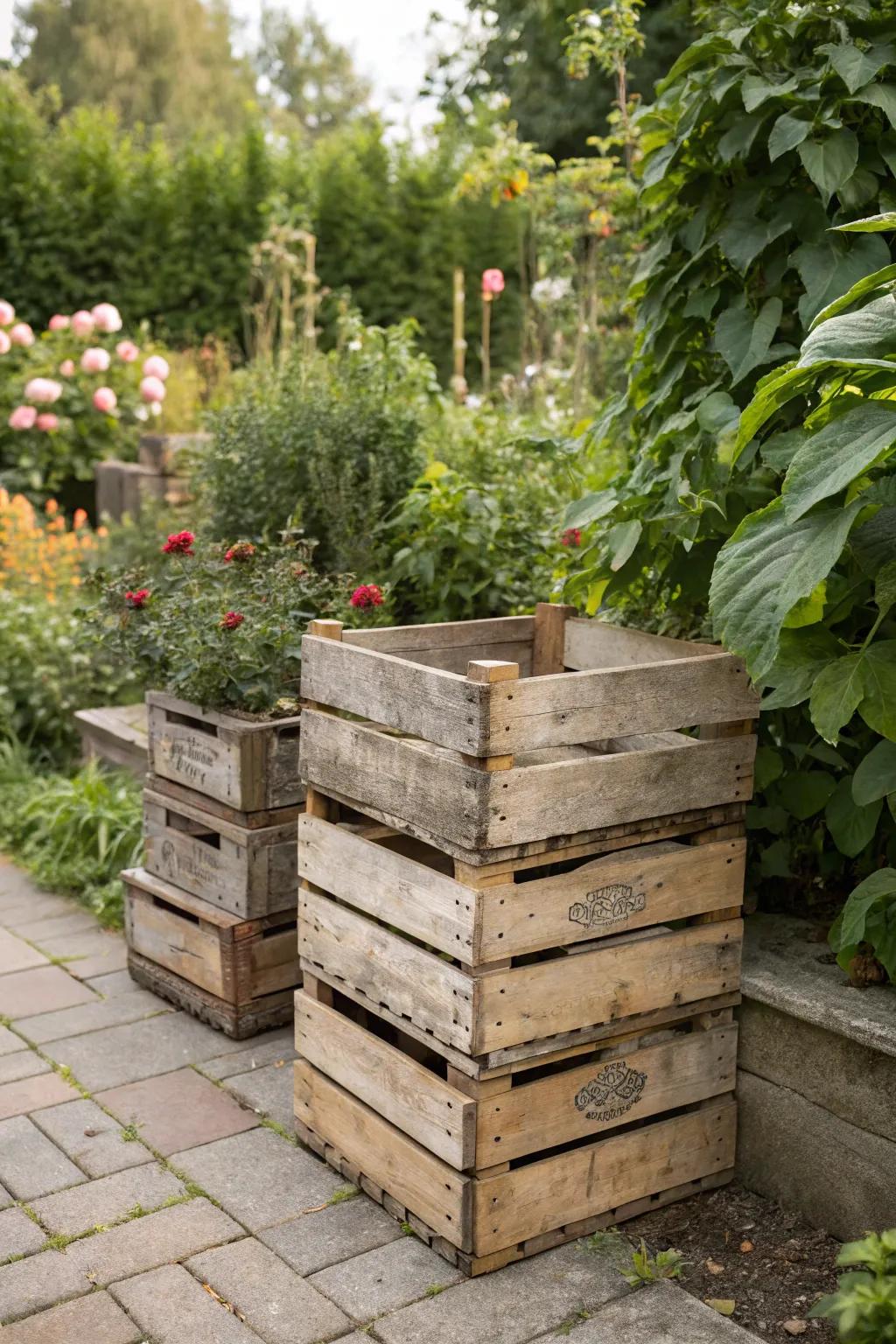 Old-fashioned charm with stacked crate storage.