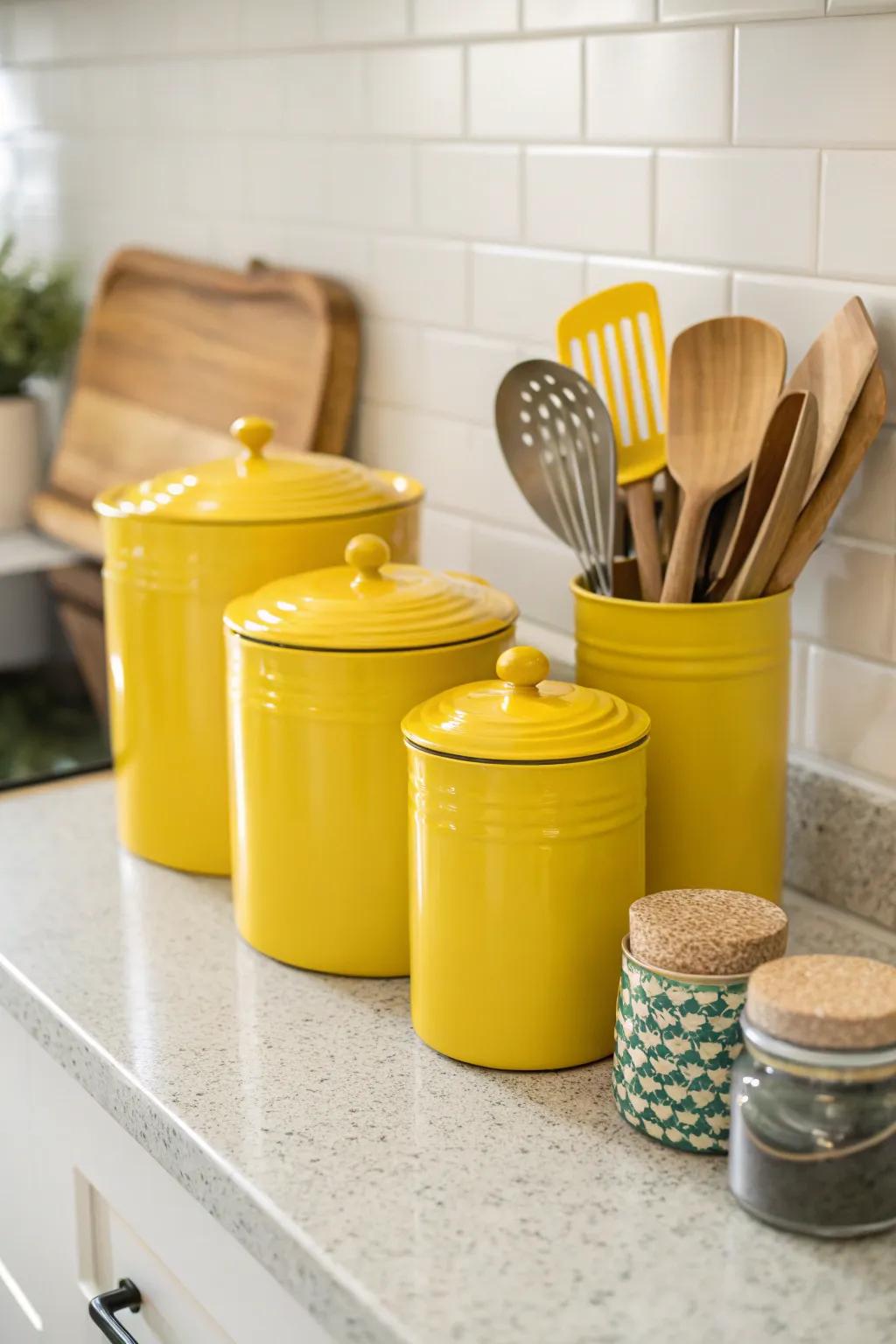 Yellow countertop embellishments introduce a cohesive sunny motif.