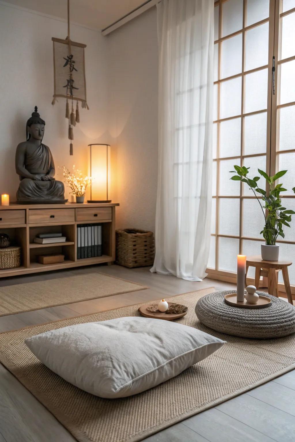A meditation nook provides a serene sanctuary.
