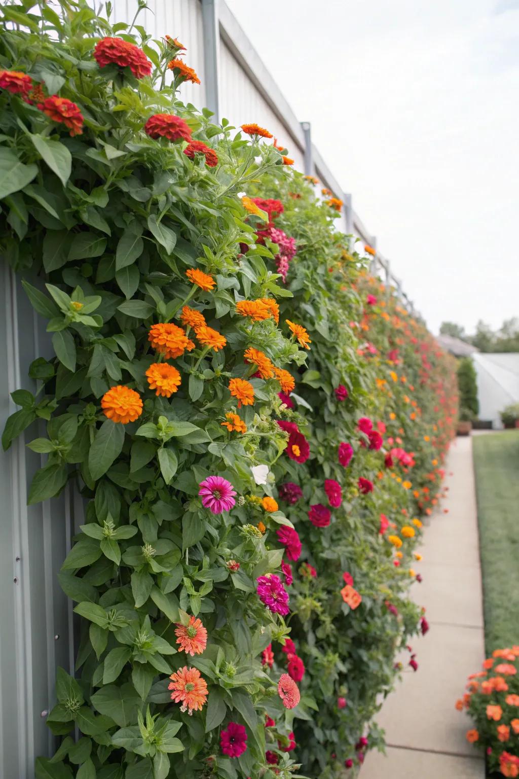 A stunning vertical garden with colorful trailing blossifys.