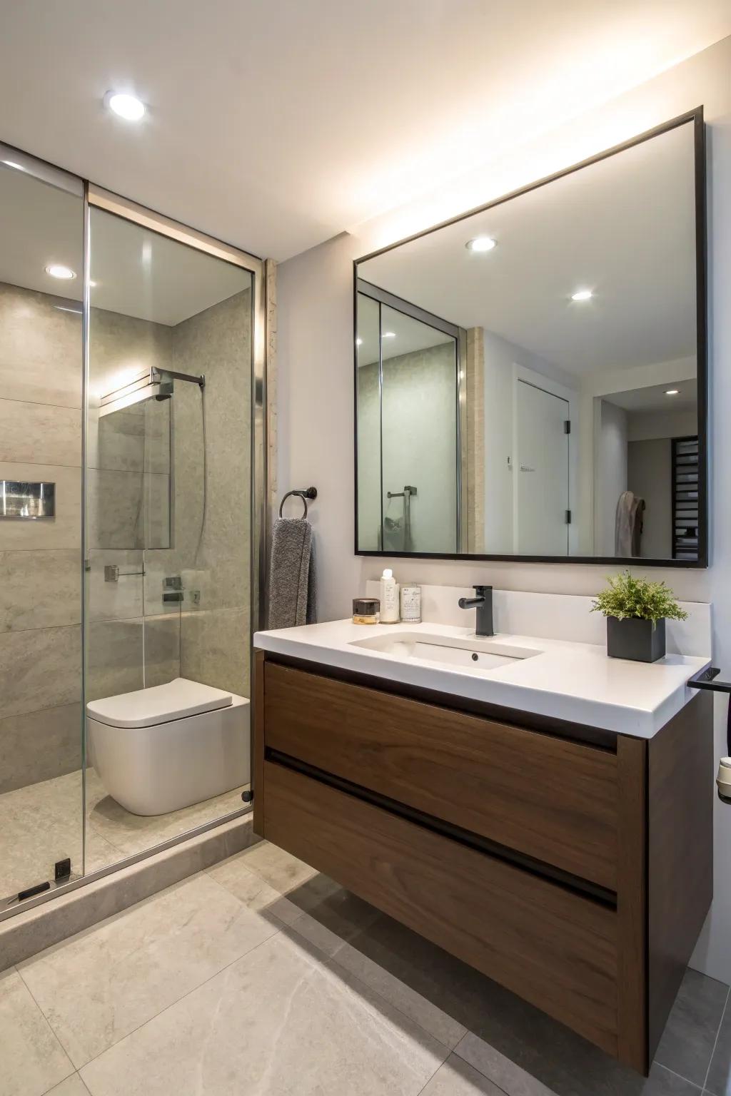 Open fittings enhance the spacious sensation of this powder room.