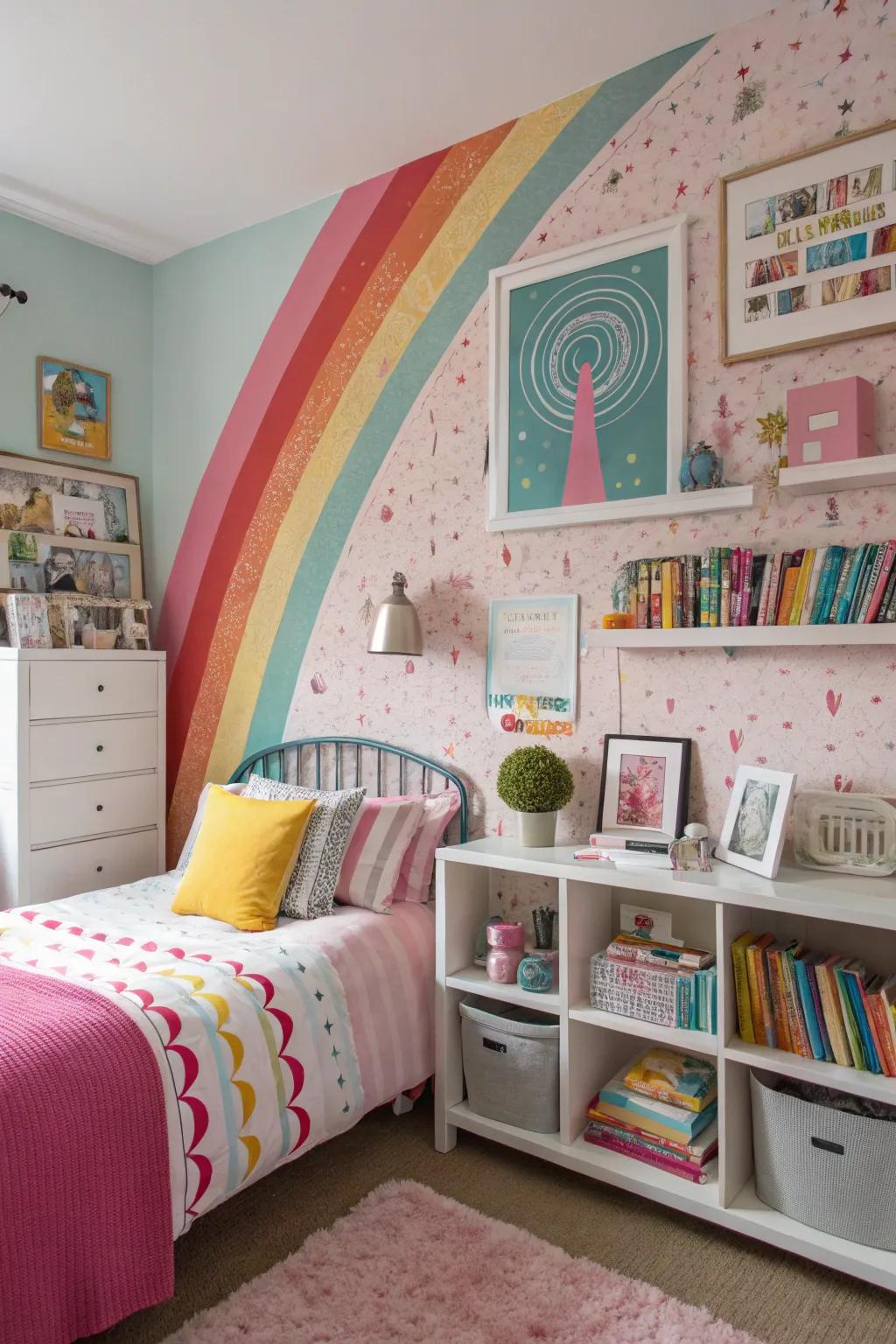 A showcase wall adds drama and personality to the bedroom.