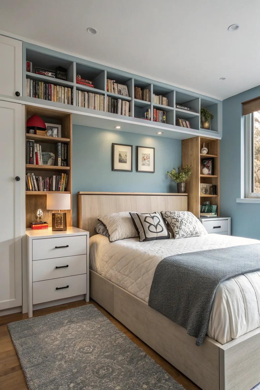 Essentials are kept neatly arranged in headboards with storage.