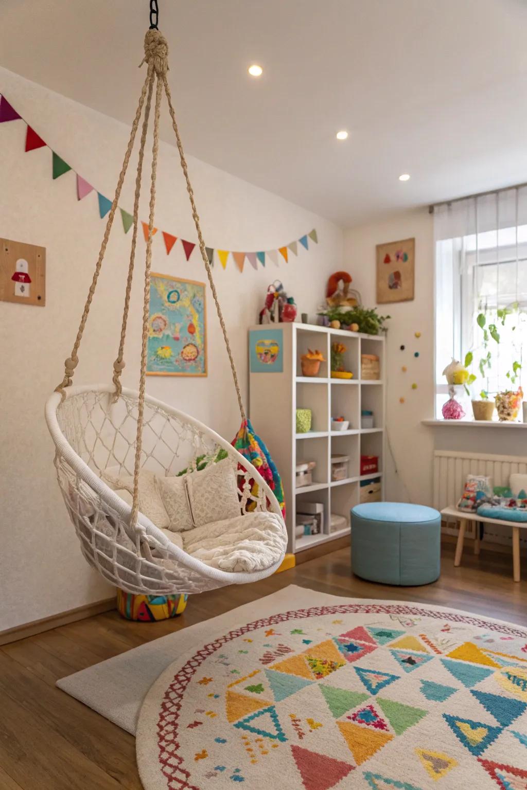 A playful swing chair adding fun and flair to the room.