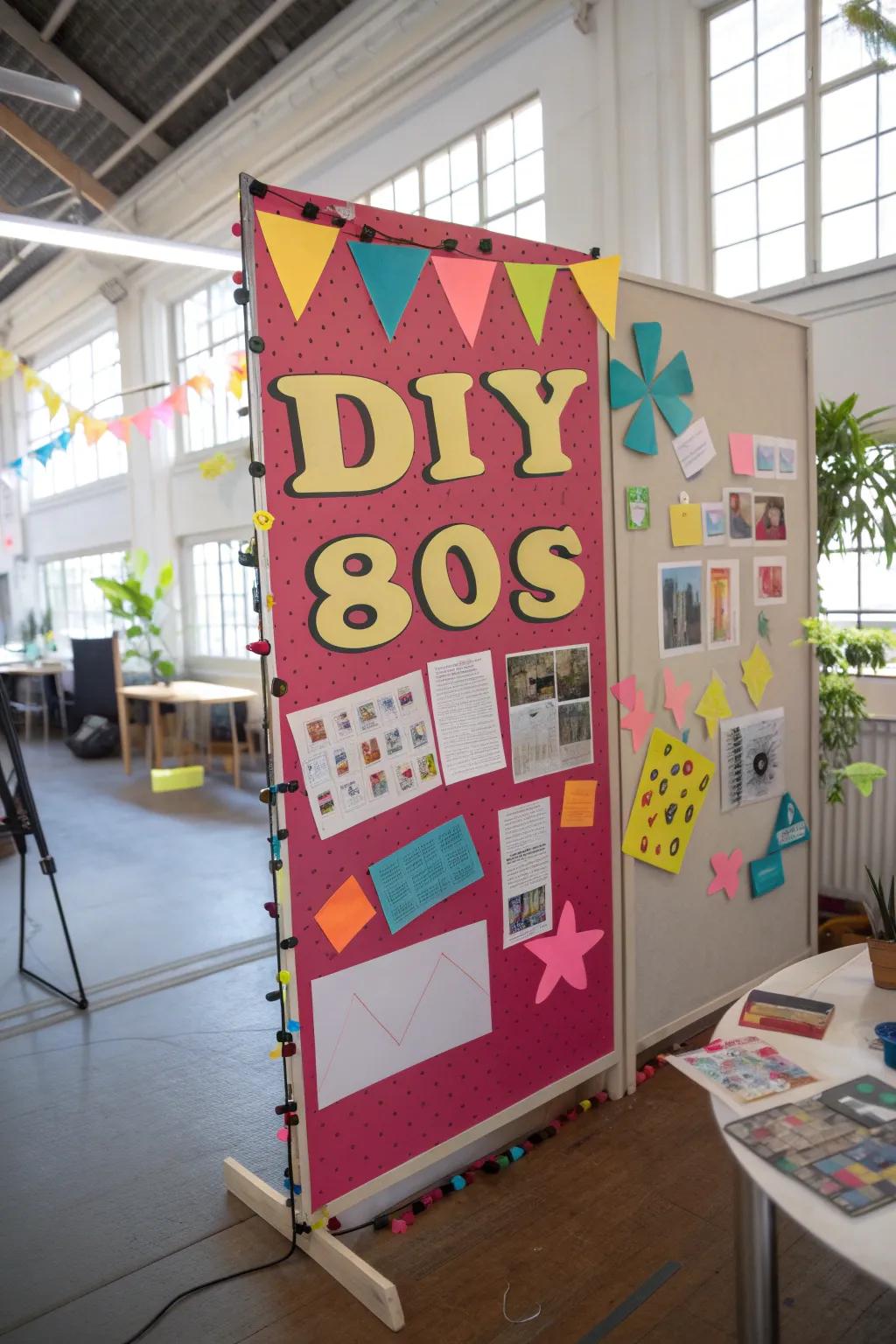 DIY 80s décor crafted from colorful sheet on a bulletin board.