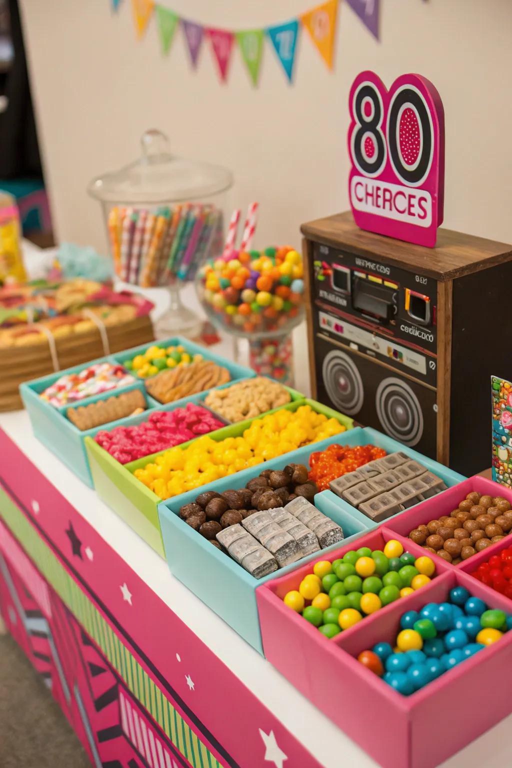 An 80s treat counter furnishes nostalgic delights for your attendees.