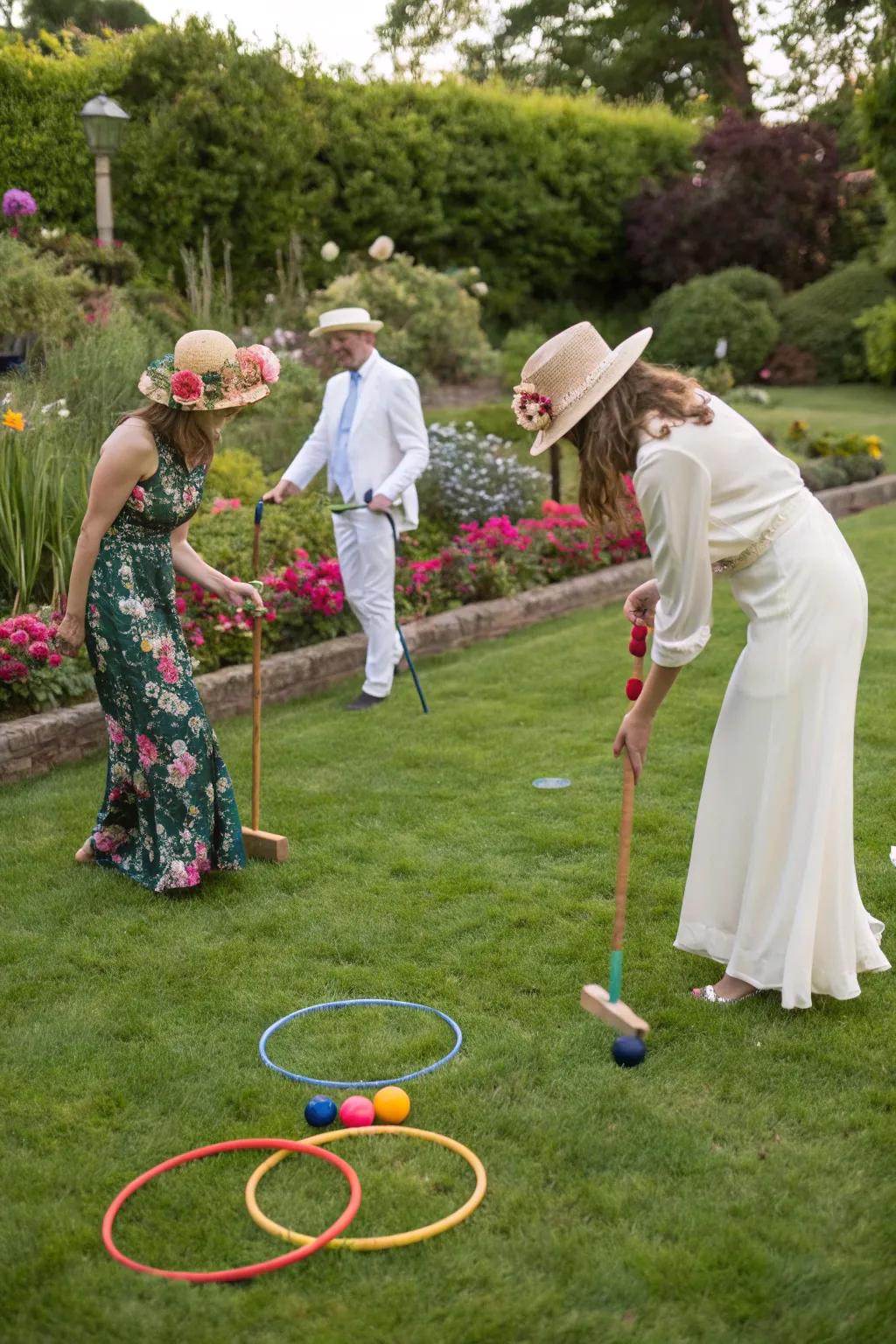 In a lush environment, guests play traditional garden games.