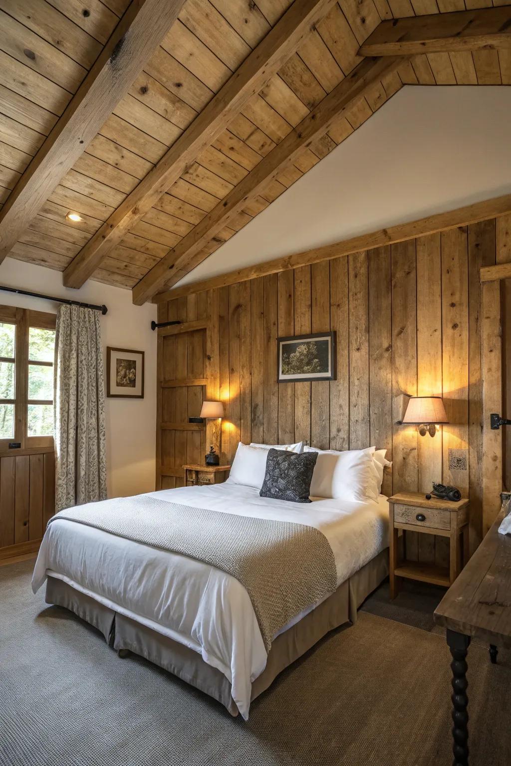 Country style wood panels make a comfy atmosphere above the bed.